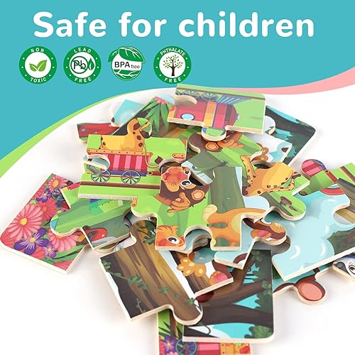 Miniatura 18 de Rompecabezas de madera para niños de 3 a 5 años, juego de 4 paquetes con 20 piezas de granja, rompecabezas de madera con temática de animales