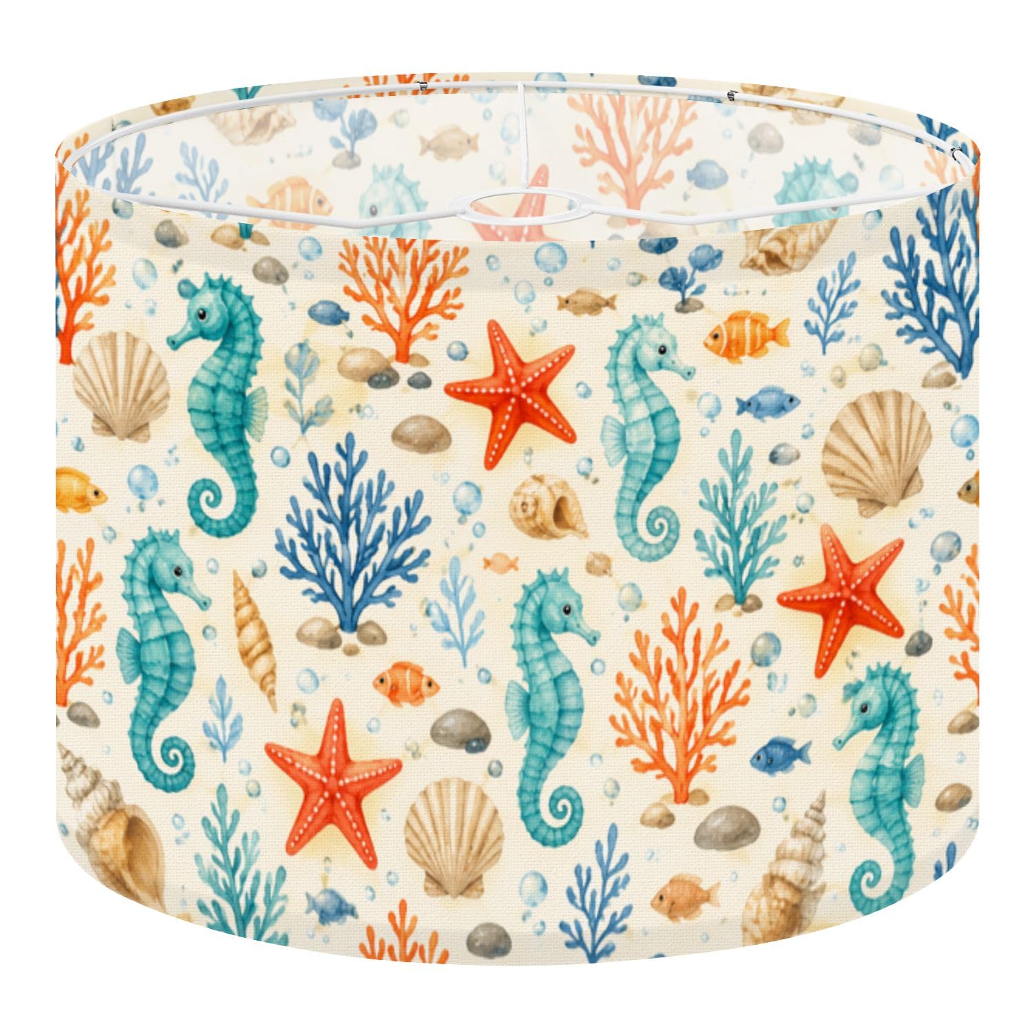 Deruinvaio Multi6 1 Pack Lamp Shades For Table Lamps, 13" X 10", Medium Drum Lamp Shades For Floor Lamps, Modern Fabric Replacement Shade With Coastal Seahorses Seashells Corals Print, Easy Assembly Required