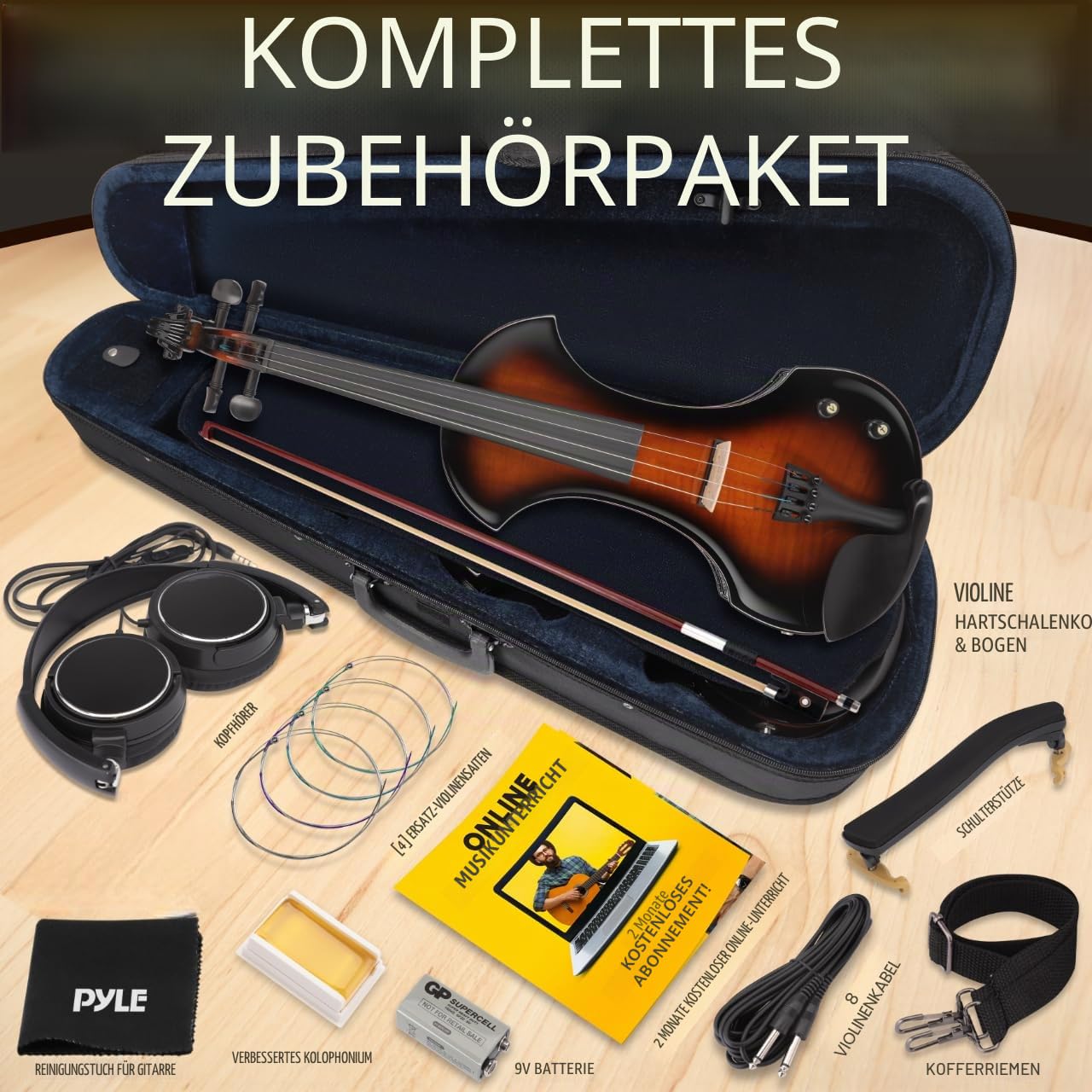 Pyle E Geige Elektrische Violine 4/4 Set mit Verstärker aus Massivem Holz – Vollgröße Stille Violine mit Koffer, Zubehör & Kopfhörer