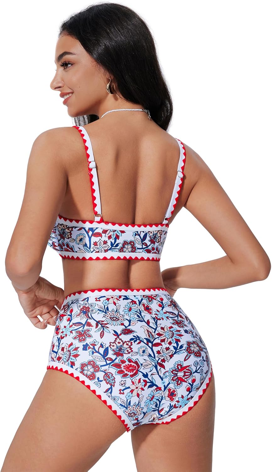 SUUKSESS Women High Waisted Bikini Set Floral Print Color Block 2 Piece Swimsuit - Image 2
