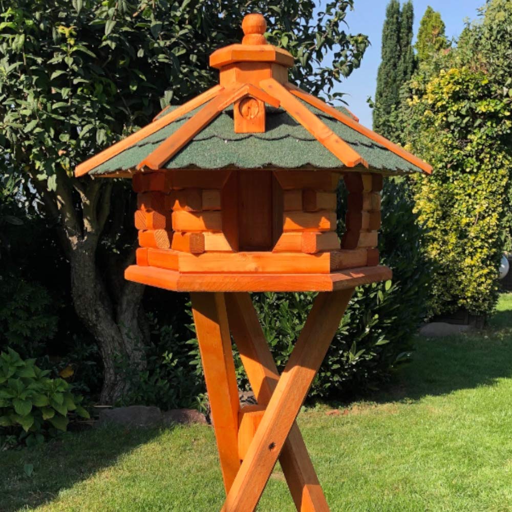 Comedero para pájaros (hexagonal, madera con soporte), color marrón y verde