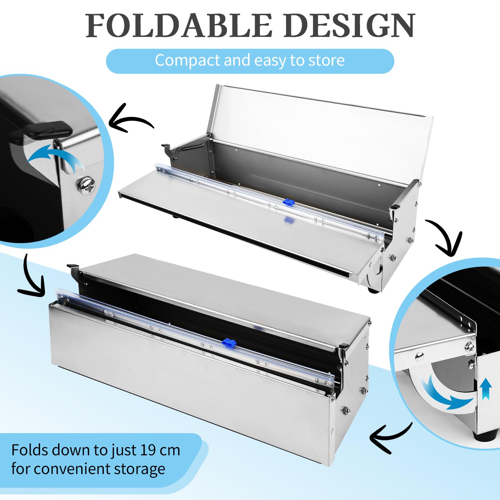 Edelstahl Folienspender für Frischhaltefolie & Alufolie, 45cm Frischhaltefolienspender, Plastic Wrap Dispenser mit Cutter, Hygienisch Staubdicht, Faltbar mit 2 Ersatzklingen