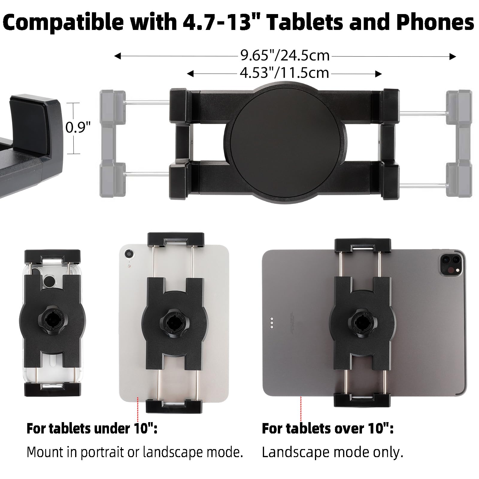 Support de tablette boule de 2,5 cm avec bras court en alliage d'aluminium, rotation à 360°, compatible avec les tablettes de 5 à 13 pouces, iPad Pro 12,9 Air Mini iPhone, compatible avec les