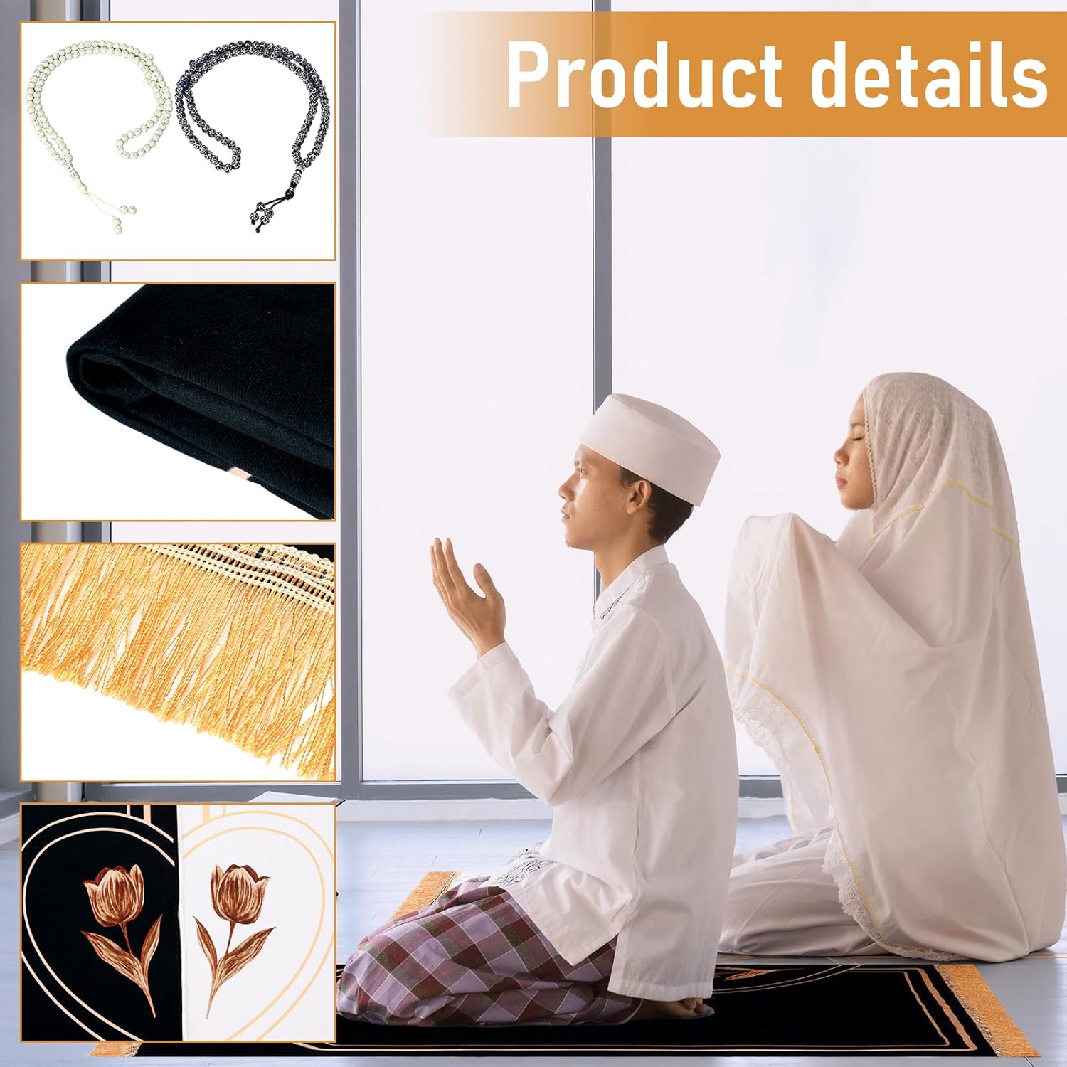 Tegeme 2 Pcs Muslim Couple Prayer Rug Set with 2 Pcs Delicate Prayer Beads Heart Rose Design Black White Soft Velvet Muslim Mat for Women Men Ramadan Eid Wedding Birthday Gifts