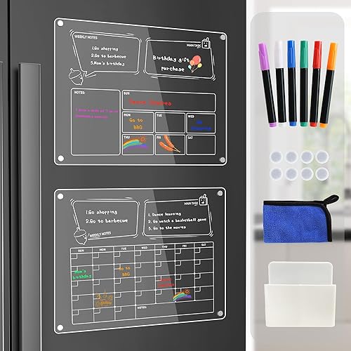 Calendario acrílico para nevera, 2 piezas de calendario magnético semanal y mensual para nevera, tablero planificador acrílico transparente