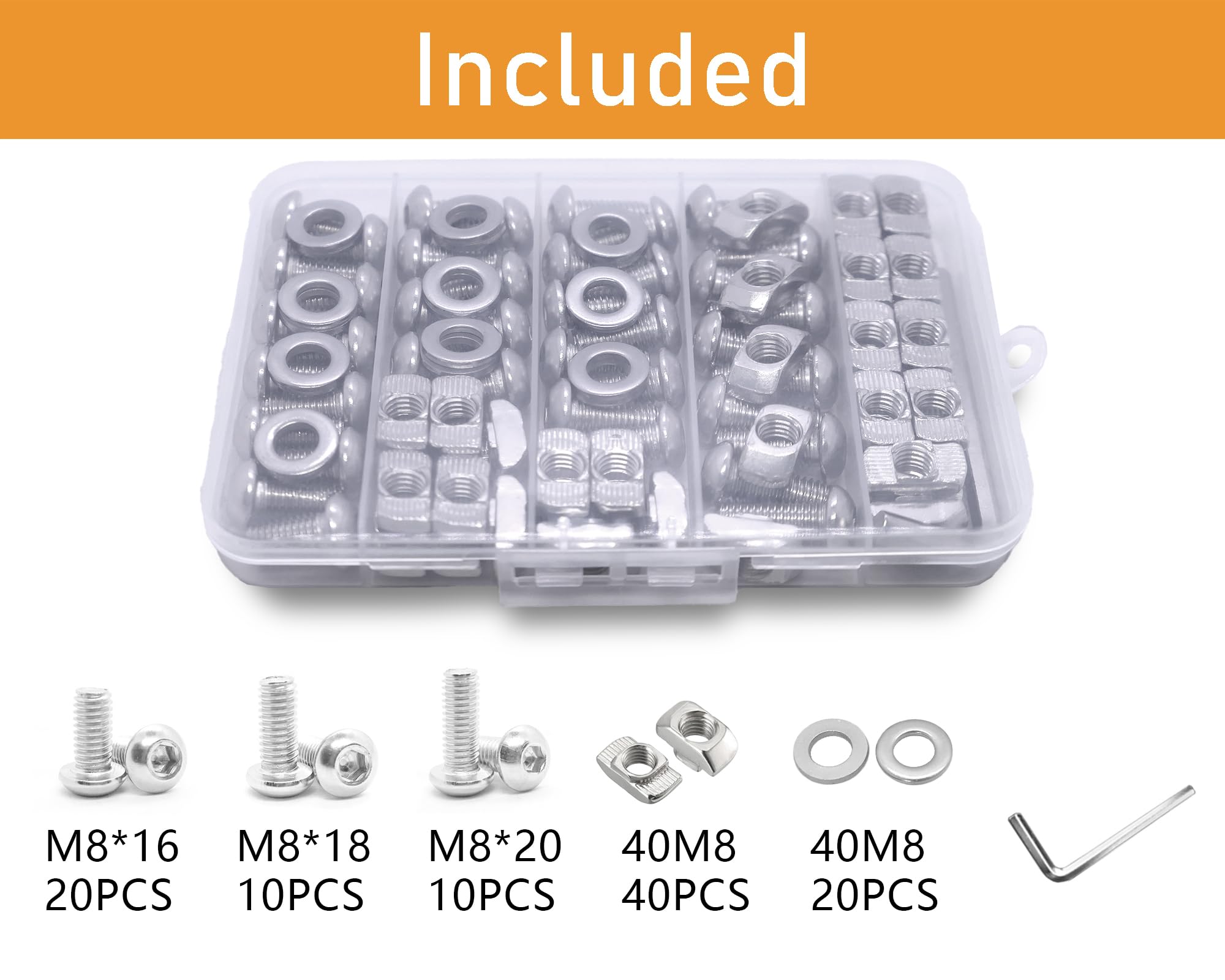 Kit di 100 dadi e viti a T M8, 40 viti M8 x 16/18/20 mm, 40 dadi a T e 20 rondelle, per hardware di estrusione in alluminio 4040 (argento)