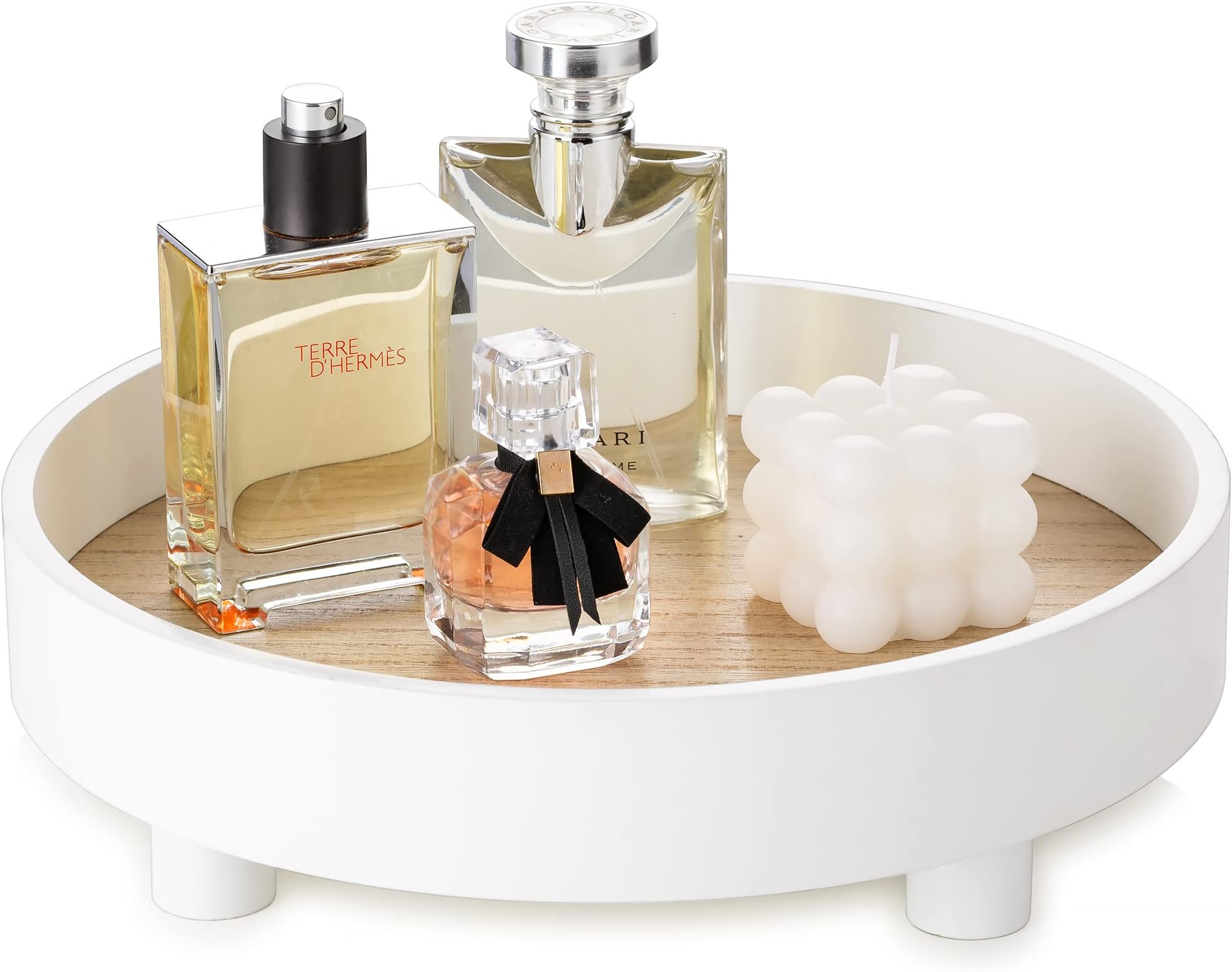 Hanobe Round Decorative Vanity Tray: Bathroom Perfume Platform Trays Circle Pedestal Stand Wood Riser for Display Scandinavian Decor Dresser, White