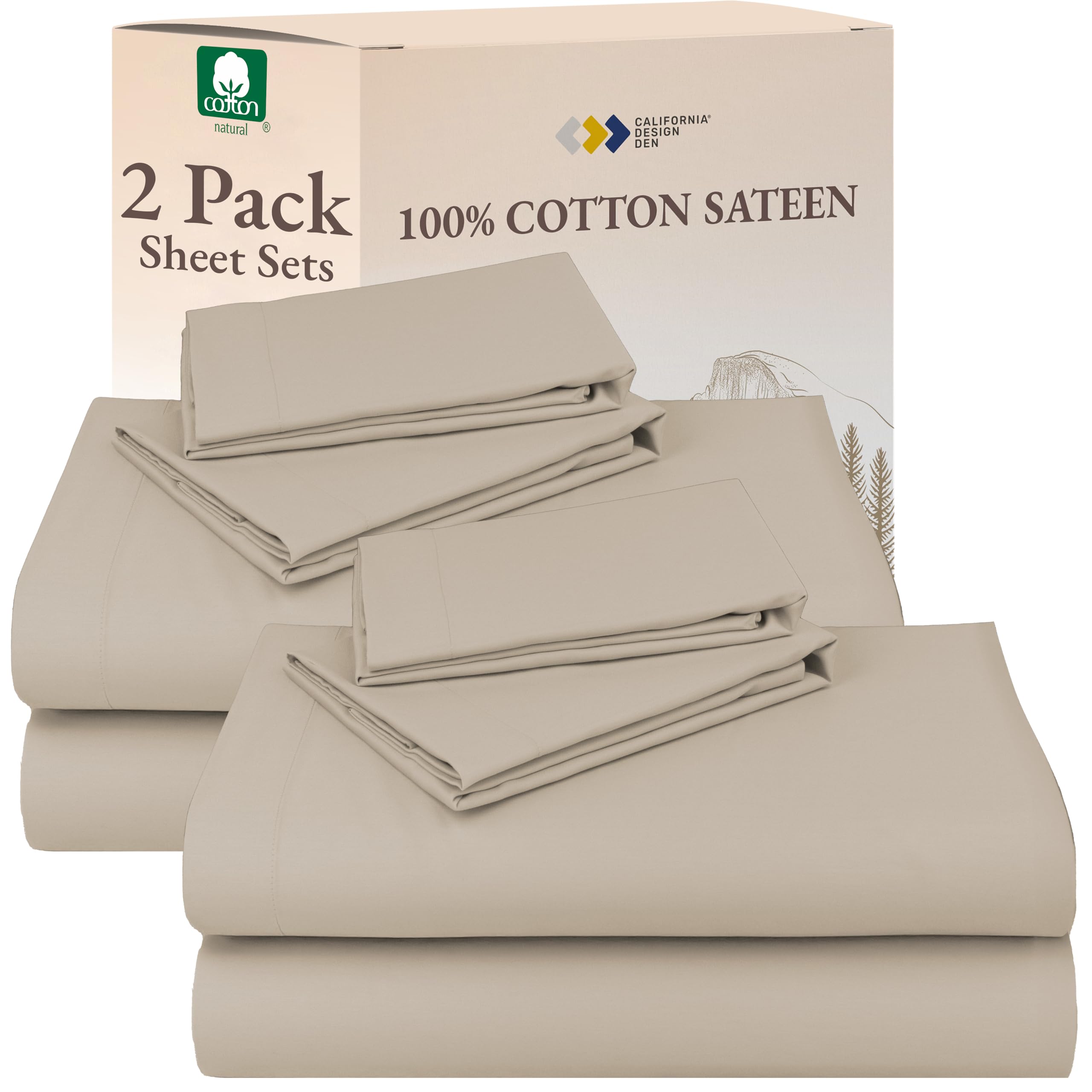 California Design Den California Design Den 100% Cotton Pack of 2 Queen Sheets Set for Queen Size Bed - Soft Sateen, Deep Pockets, Durable Cotton Sateen Sheets - Beige (Warm Taupe)