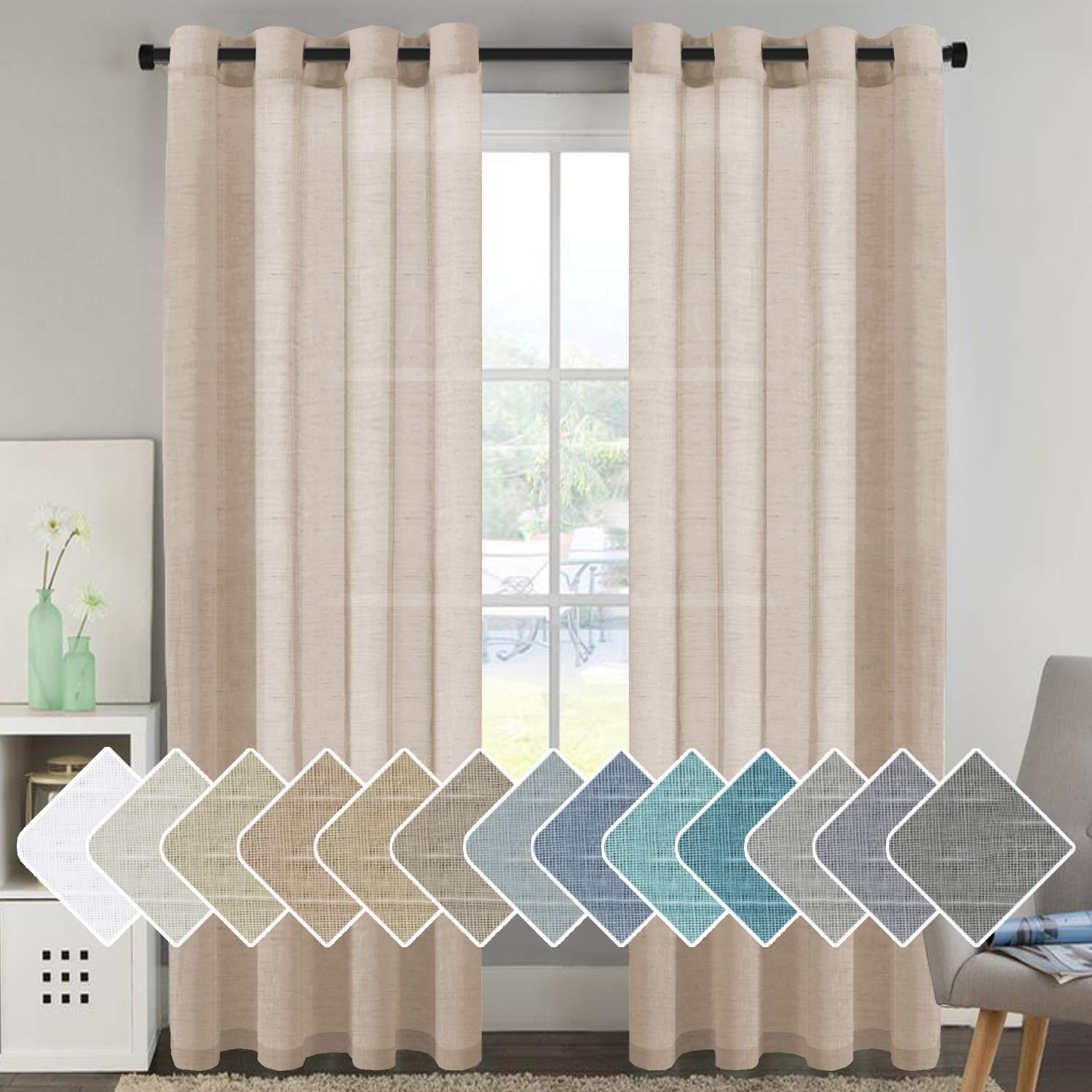 H.VERSAILTEX Linen Curtains Nickel Grommet Natural Linen Semi-Sheer Curtains 2 Panels Privacy Added Premium Soft Rich Material Drapes for Bedroom/Livingroom - 52x96 - Inch - LinenOEKO-TEX STANDARD 100