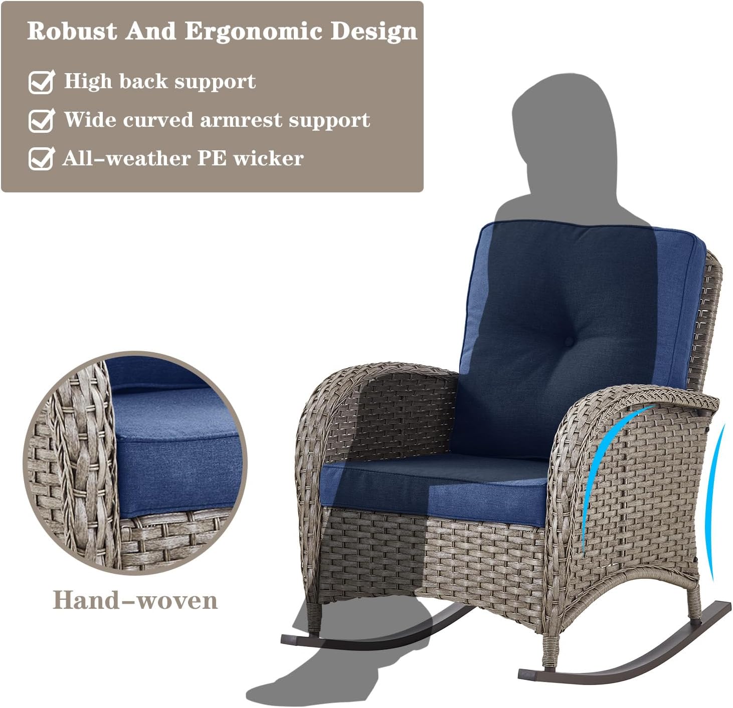 Belord 5 Piece Outdoor Conversation Patio Furniture Set - All-Weather Wicker Patio Rocking Chairs with Loveseat Glider Chair and Coffee Table for Patio Deck Porch Backyard Gray Wicker Blue Cushion