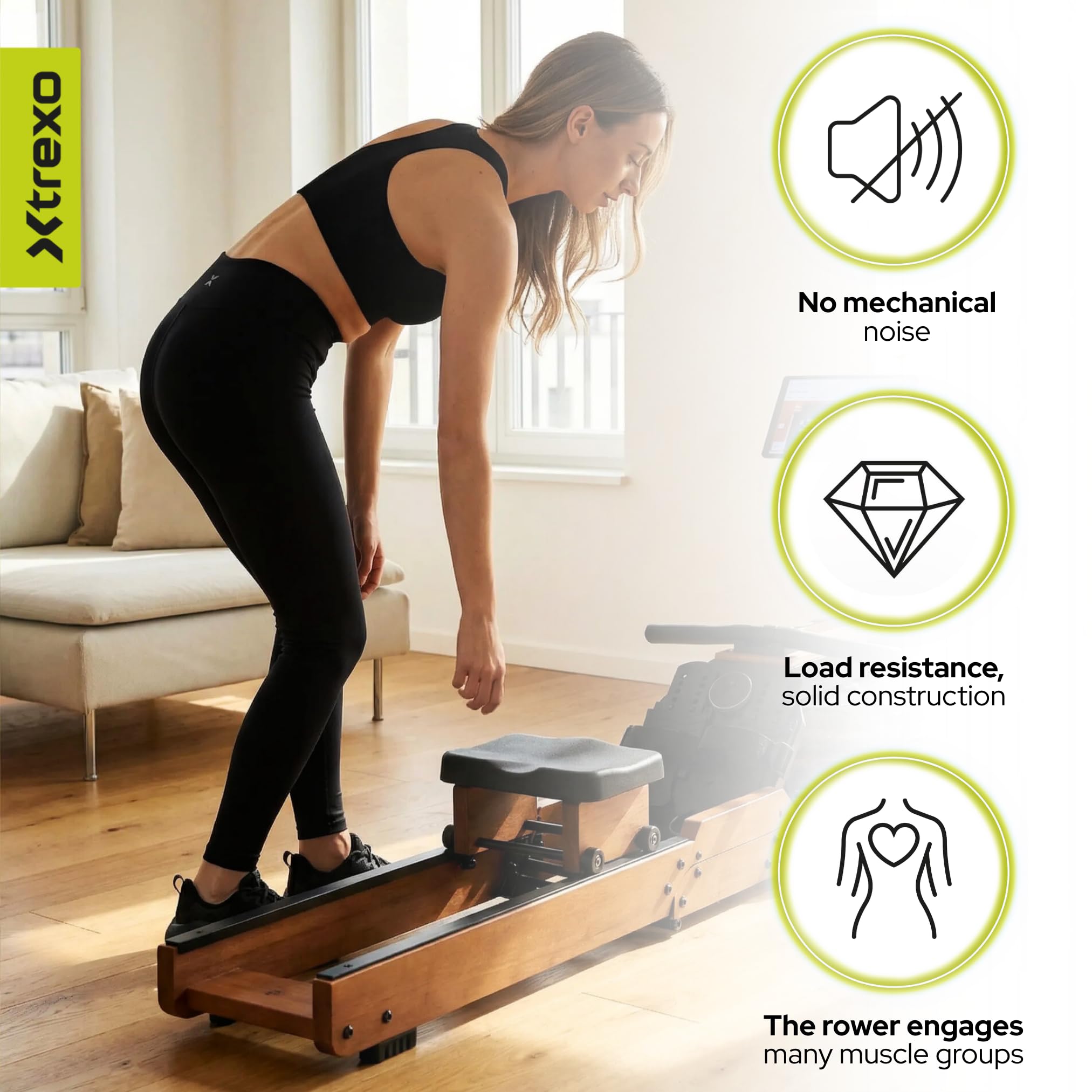 RM300 - Vogatore ad acqua in legno e acciaio, compatibile con Bluetooth e Kinomap – fino a 110 kg e 190 cm – per allenamento completo (tablet non incluso)