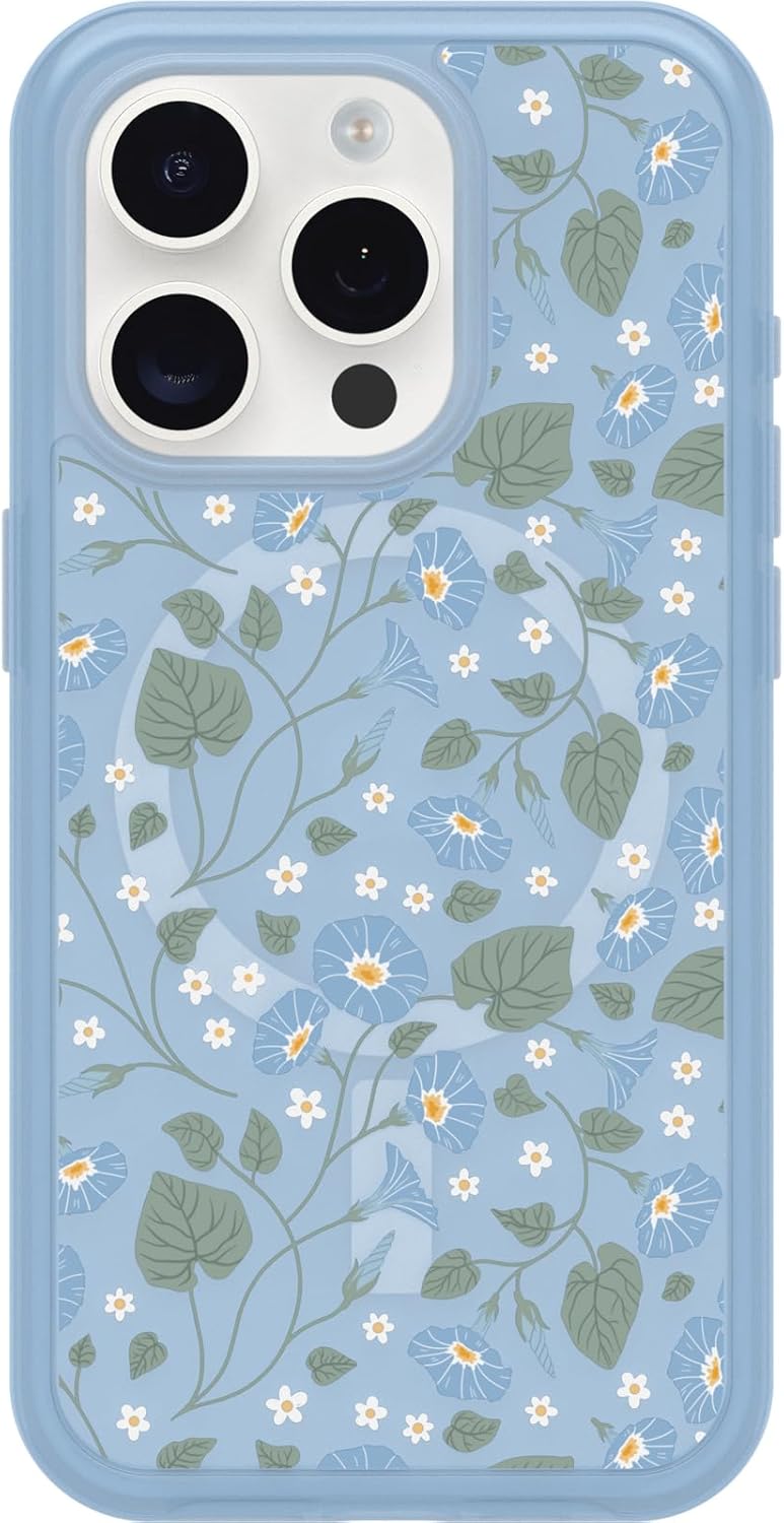 OtterBox iPhone 15 Pro (Only) Symmetry Series Clear Case - Dawn Floral (Blue), Snaps to MagSafe, Ultra-Sleek, Raised Edges Protect Camera & Screen