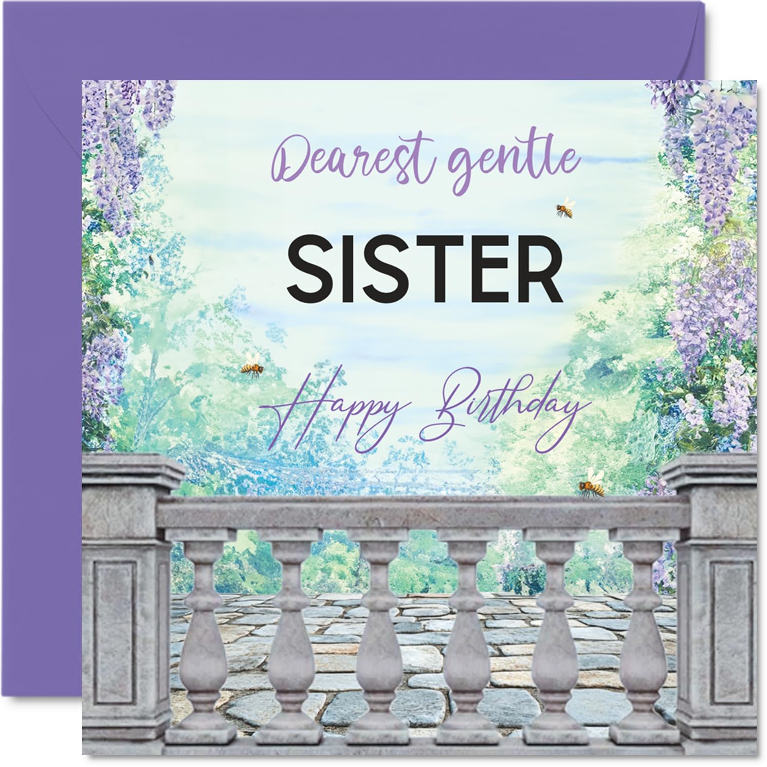 Heartfelt Birthday Card for Sister - Warm Wishes for a Wonderful Sister - Serene Purple and Green Floral Design - 145mm Square, Envelope Included