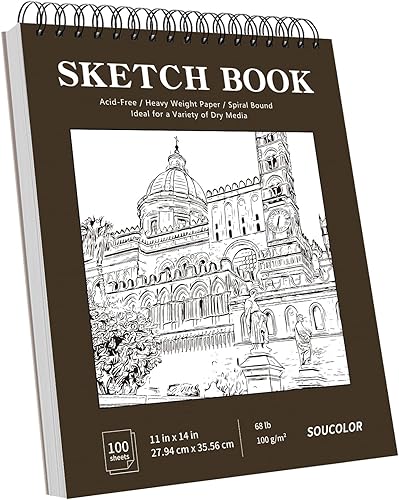 Miniatura 9 de Soucolor - Cuaderno de bocetos de 9 x 12 pulgadas, paquete de 1 de 100 hojas, encuadernado en espiral, libre de ácido (68 libras100 gm), bloc de