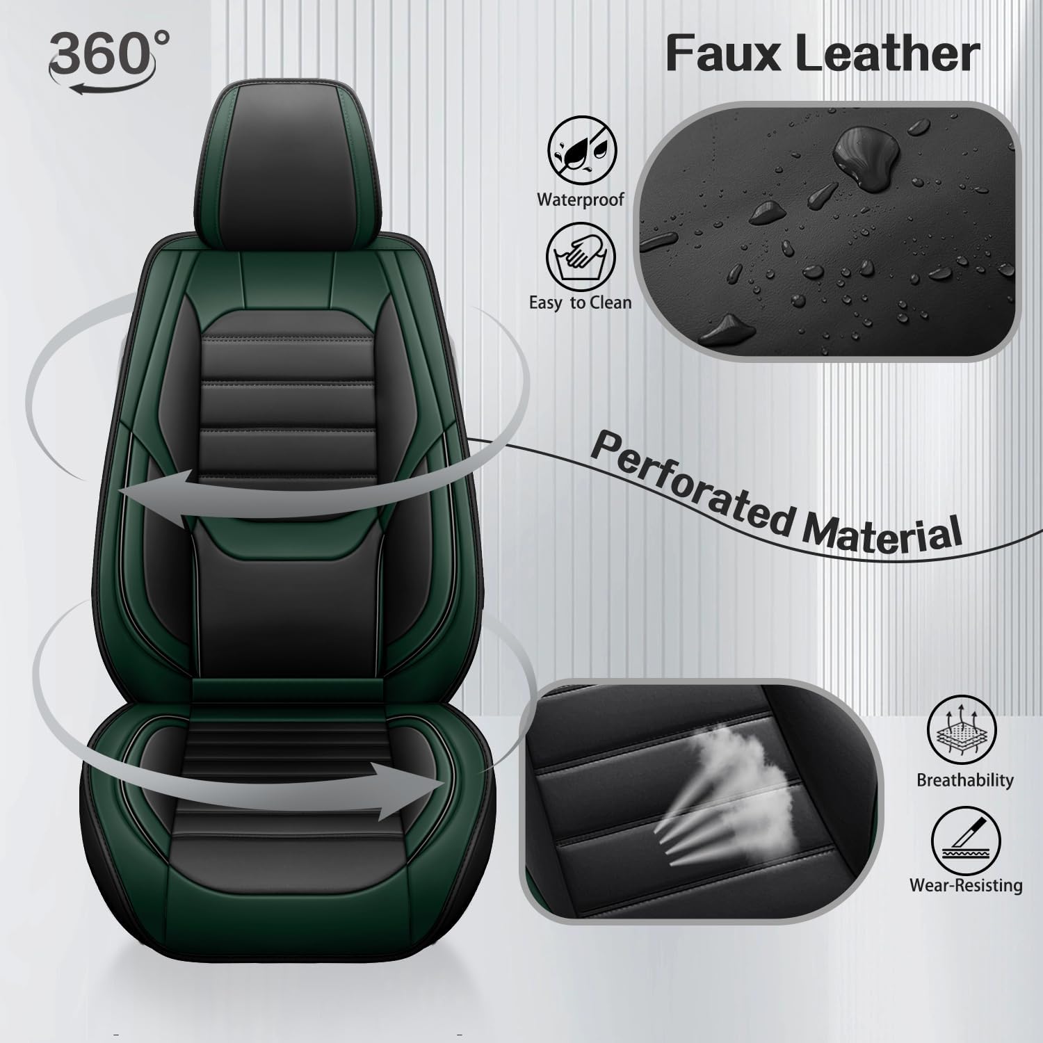 Seat Covers for Toyota Camry 1998-2023 2024 2025 2026,5 Seats Luxury Leather Car Seat Cover Full Set,Waterproof Seat Protector,Anti-Slip Automotive Seat Covers,Car Seat Cushion(Black+Green)