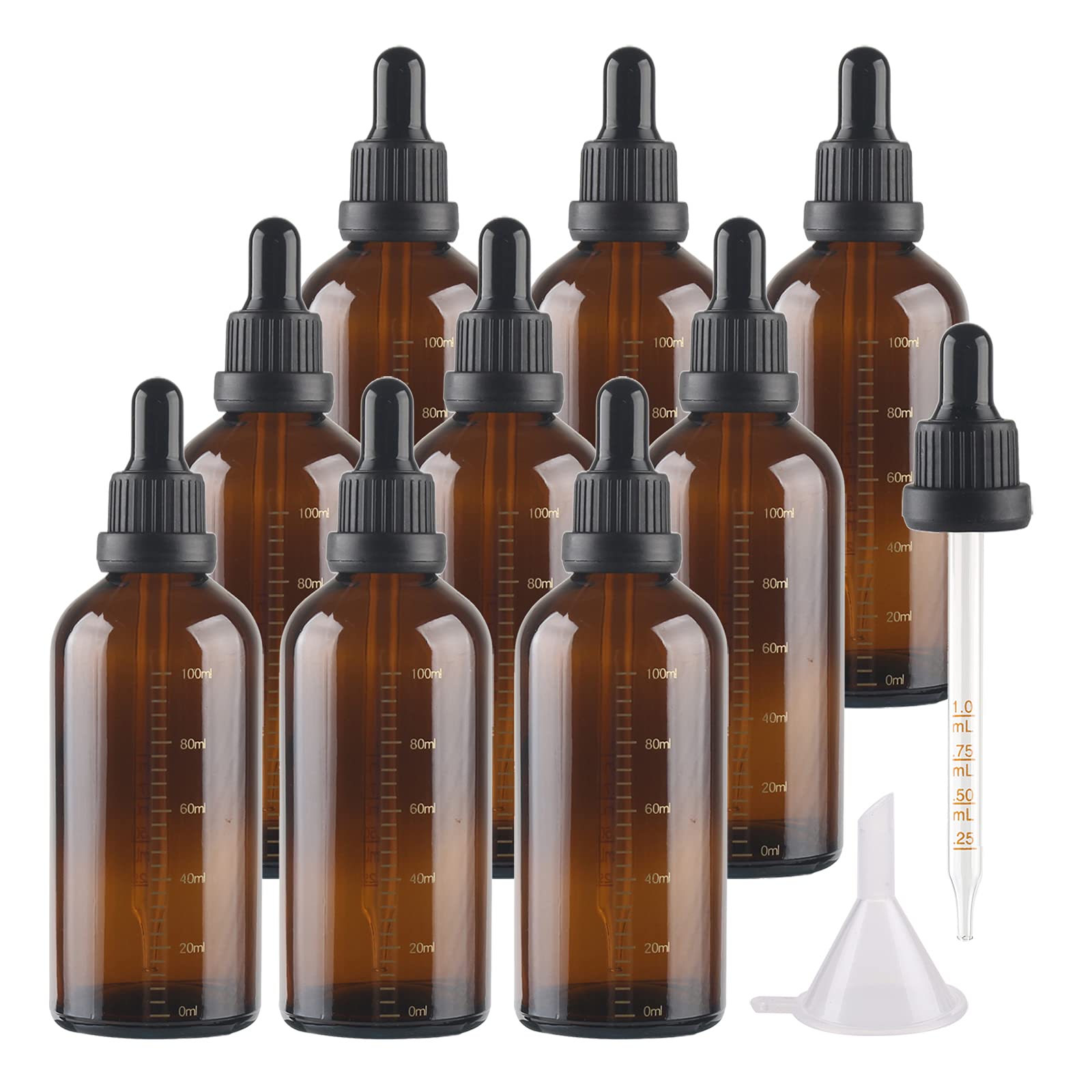 24 Piezas 100 ml Ámbar Frasco Cuentagotas Cristal con Gotero Graduado y Cierre Negro a Prueba de Manipulaciones, Marrón Botellas Cuentagotas Calibrado para Aromaterapia Aceites Esenciales