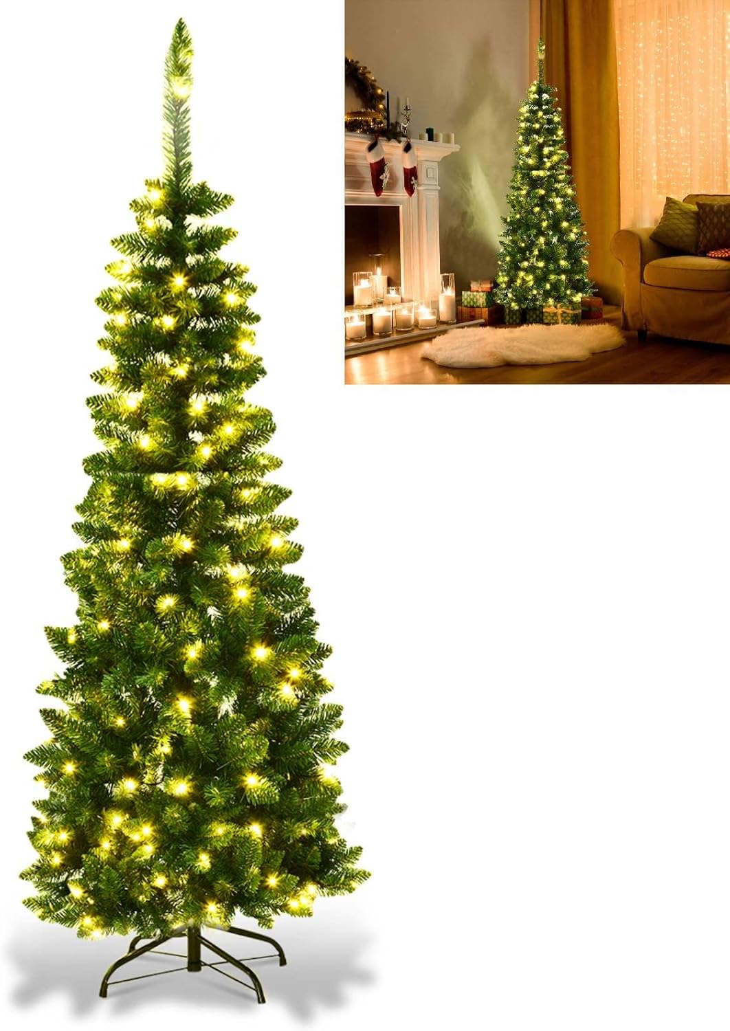 TANGZON 4.5FT/6.5FT PreLit Pencil Christmas Tree, Slim Hinged