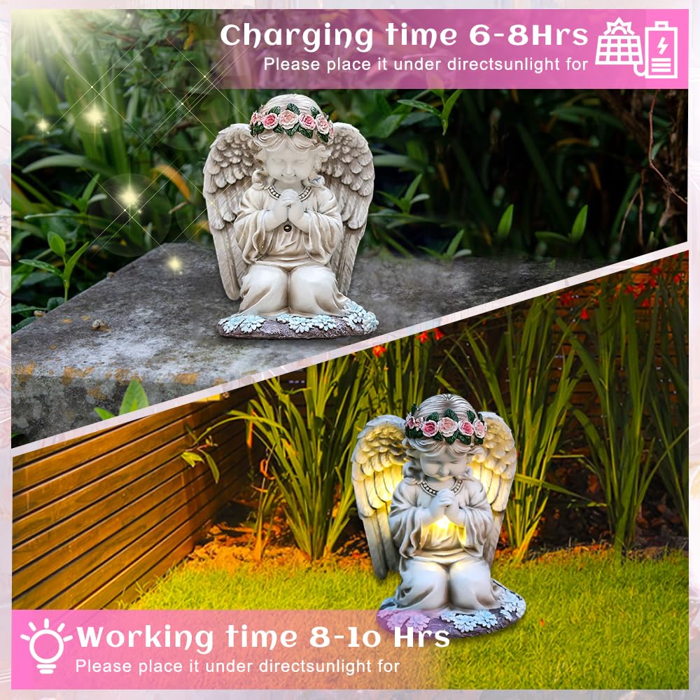 Engel für Grab Wetterfest, Solar Engel Figur, Grabengel Wetterfest mit Led Solarleuchten, wasserdichte Betende Grabengel, Grabschmuck Wetterfest für Friedhof Outdoor Gartendekoration 20,5cm
