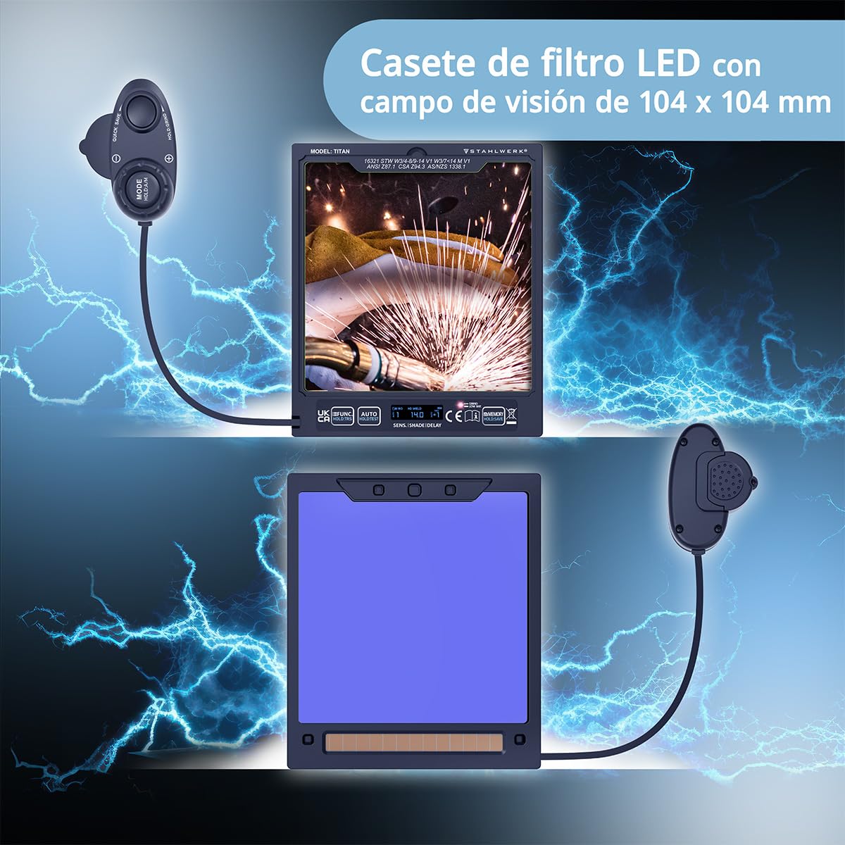 STAHLWERK Casco de Soldadura automático 3 en 1 Titan – True Colour, oscurecimiento automático DIN 4-14, Memoria de Trabajos, Clase óptica 1/1/1/1, Campo de visión 104 x 104 mm, Pantalla de Soldadura