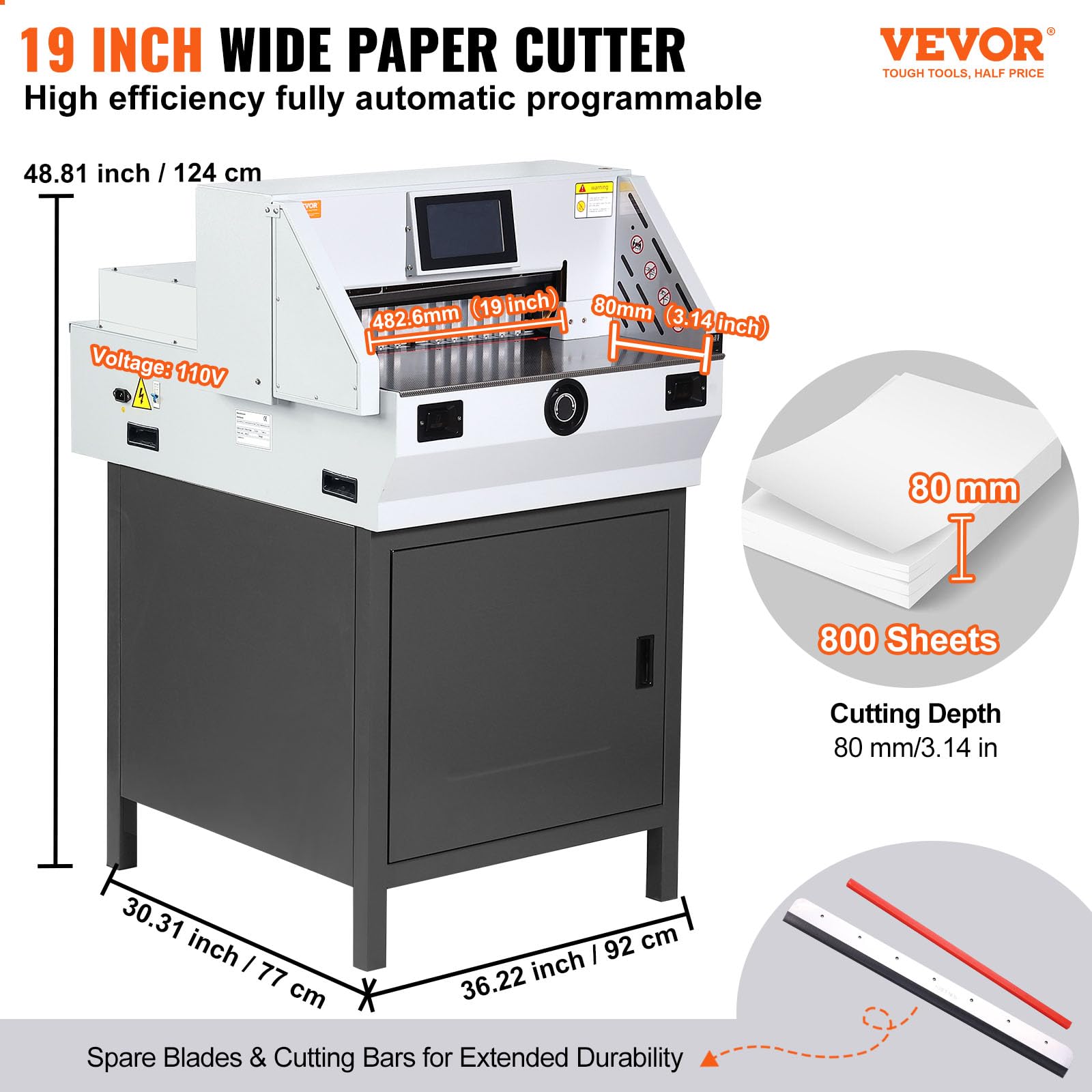 VEVOR Elektrischer Papierschneider Hebelschneider, 482,6 mm Max. Schnittbreite, 80 mm Max. Schnittstärke, Papierschneidemaschine, 800 Blatt Standard-Kopierpapier Papier Schneidegerät ±0,3 mm