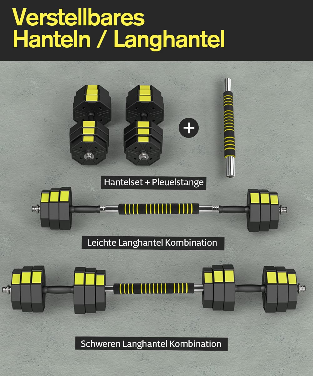 Verstellbares Hanteln Langhanteln Gewichte Set, 3IN1 Kurzhanteln Hantelset mit Solide Hantelgriffen Bis zu 10kg 15kg 20kg Freies Gewicht Dumbbell für Bodybuilding Fitness Gewichtheben Training