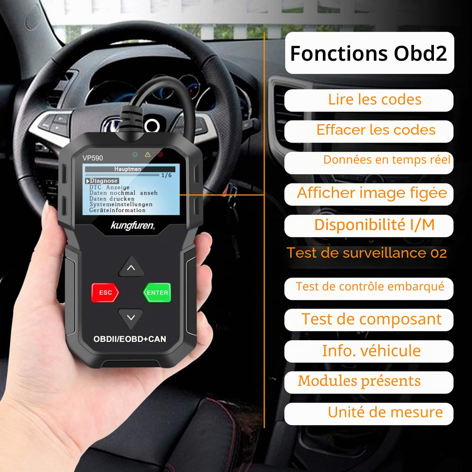 kungfuren OBD2 Diagnostique Voiture, OBDII Lecteur de Code, Lecteur de Code de Défaut Scanner, Outil de Diagnostic Auto pour Tester les Systèmes de Moteur