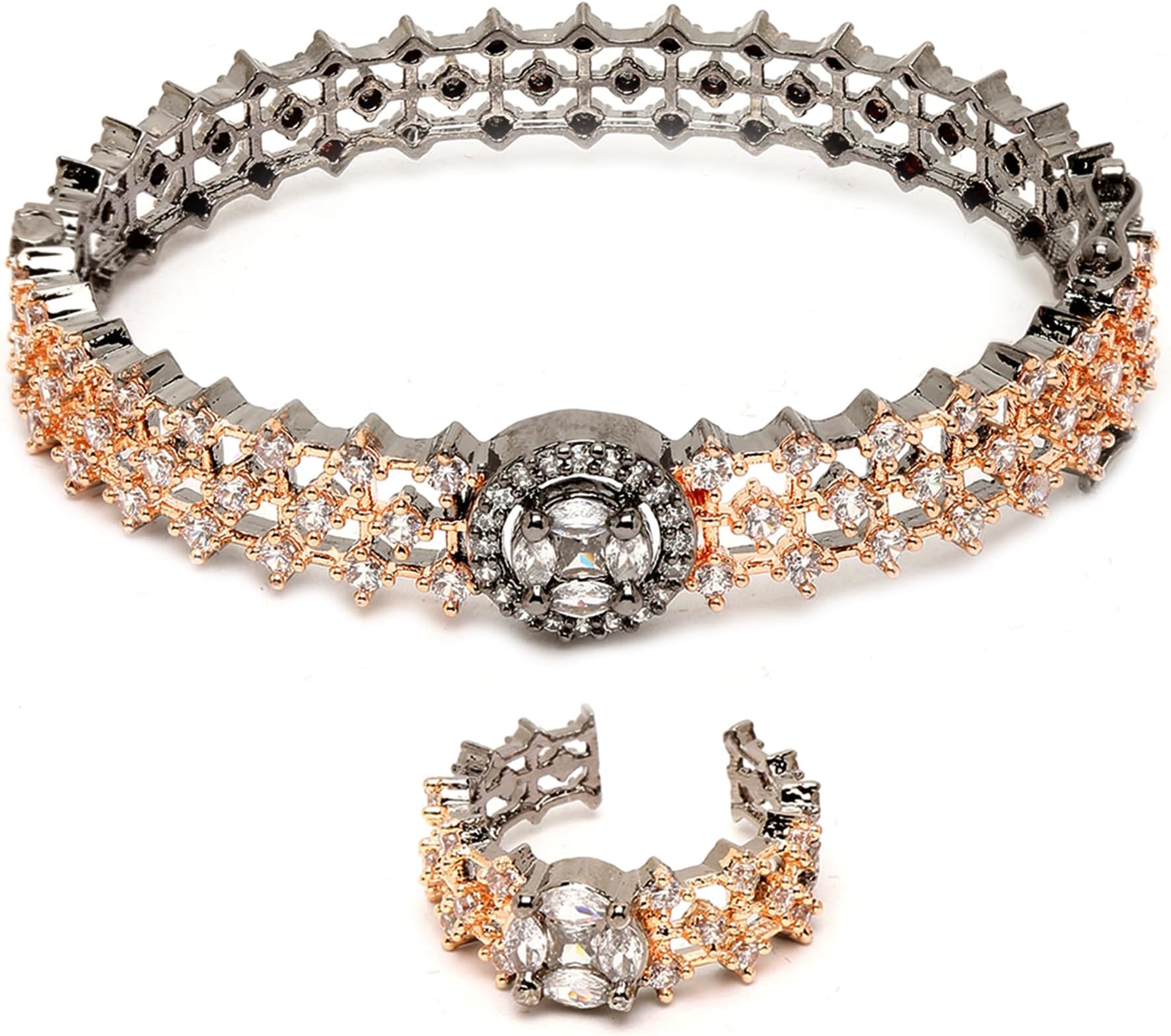 ZENEMEBracelet American Diamond Studded Artistically Designed Celebrity Inspired American Diamond Bracelet With Matching Ring Jewellery For Girl and Women, Adjustable, Brass, Diamond