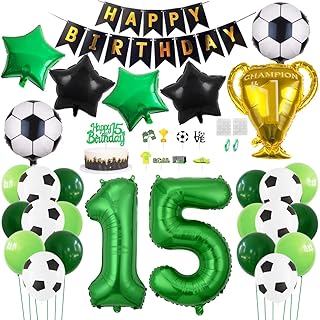 Daimay 29PCS Soccer Birthday Party Decoration Sports Theme Football Party Supplie Champion Trophy Foil Balloon 15th Happy Birthday Banner Green White Black Soccer Balloons Cake Topper for Soccer Fans