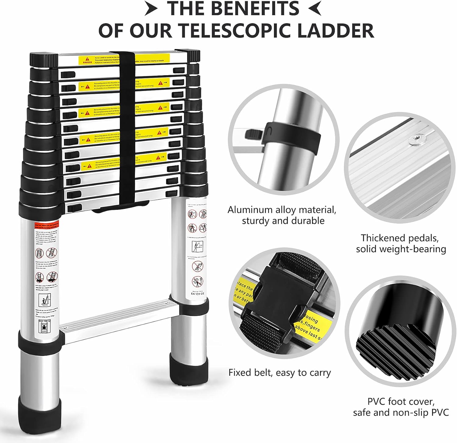 12.5FT Telescoping Ladder, Aluminum extendable Ladder, Retractable Extension Ladder for Home and Outdoor Work, Load Capacity 330 pounds