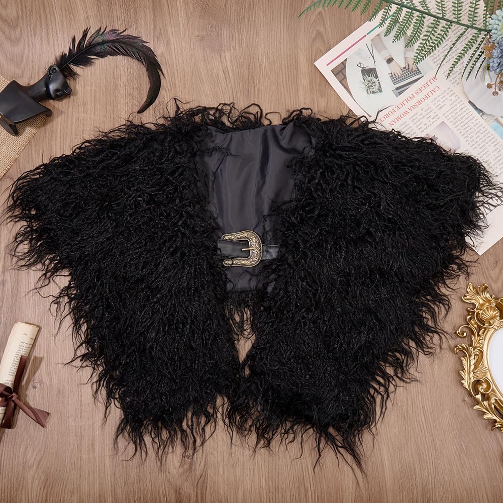 GORGECRAFT Viking Faux Fur Collar Scarf Medieval Faux Wool Cape Black Furry Shoulder Wrap Winter Warm Cloak Shawl Renaissance Outfit Accessories for Men Women Halloween LAPR Witch Warrior Cosplay - Image 3