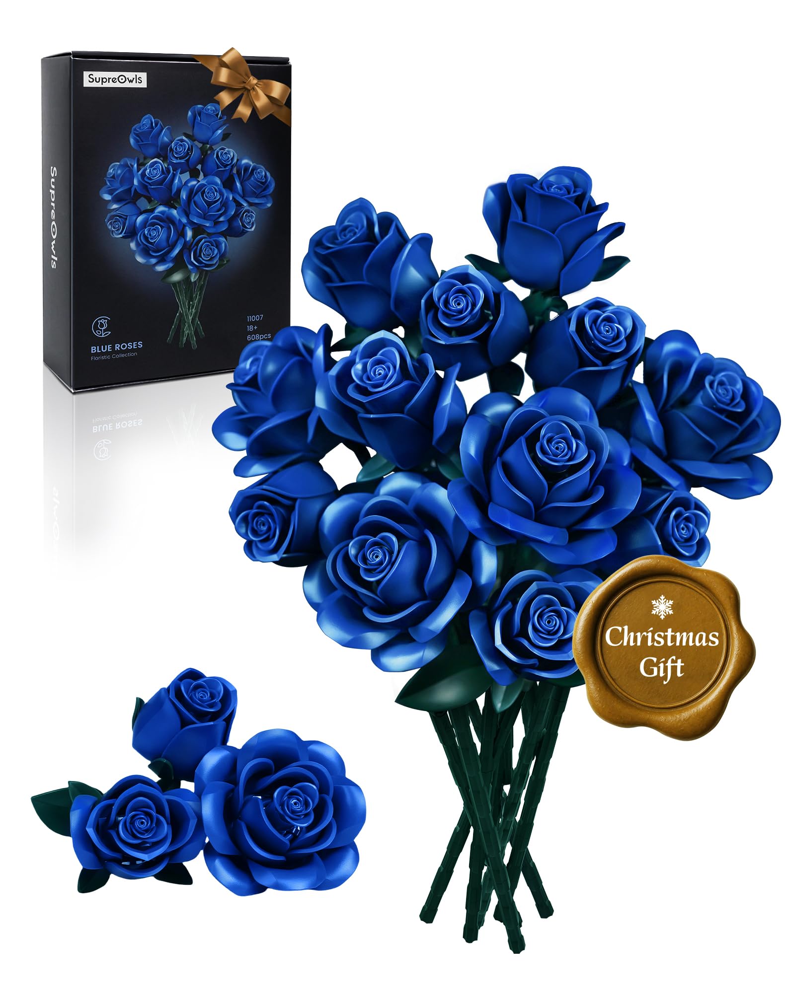 iATOM Blue Rose Bouquet Building Set, Gift for Christmas, Artificial Flowers Botanical Collection for Adults - Gothic Home Office Table Centerpiece Retro Decor - IA11007