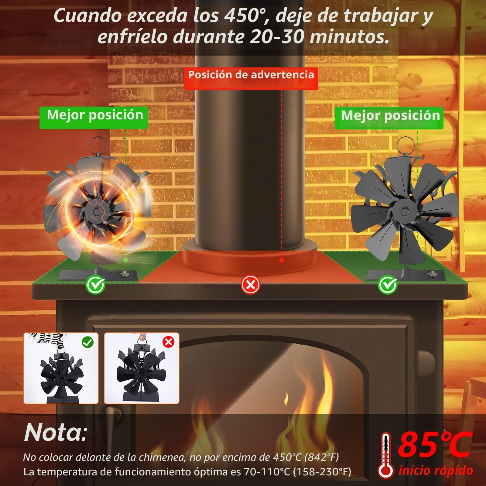 Ventilador de estufa sin electricidad con 8 aspas para estufa de leña, funcionamiento silencioso, distribuidor de aire caliente para quemador de madera (con termómetro y guantes)