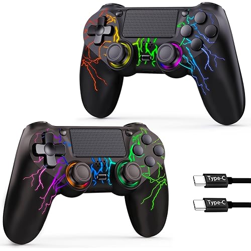 GamingBoy 2 Pack Wireless Controller for PS4, LED Controller for Ps4/Slim/Pro/PC with Adjustable RGB Light-up,Hall Effect Joystick,Dual Vibration,6-Axis Gyro,1000mAh Battery,USB C Port- Black