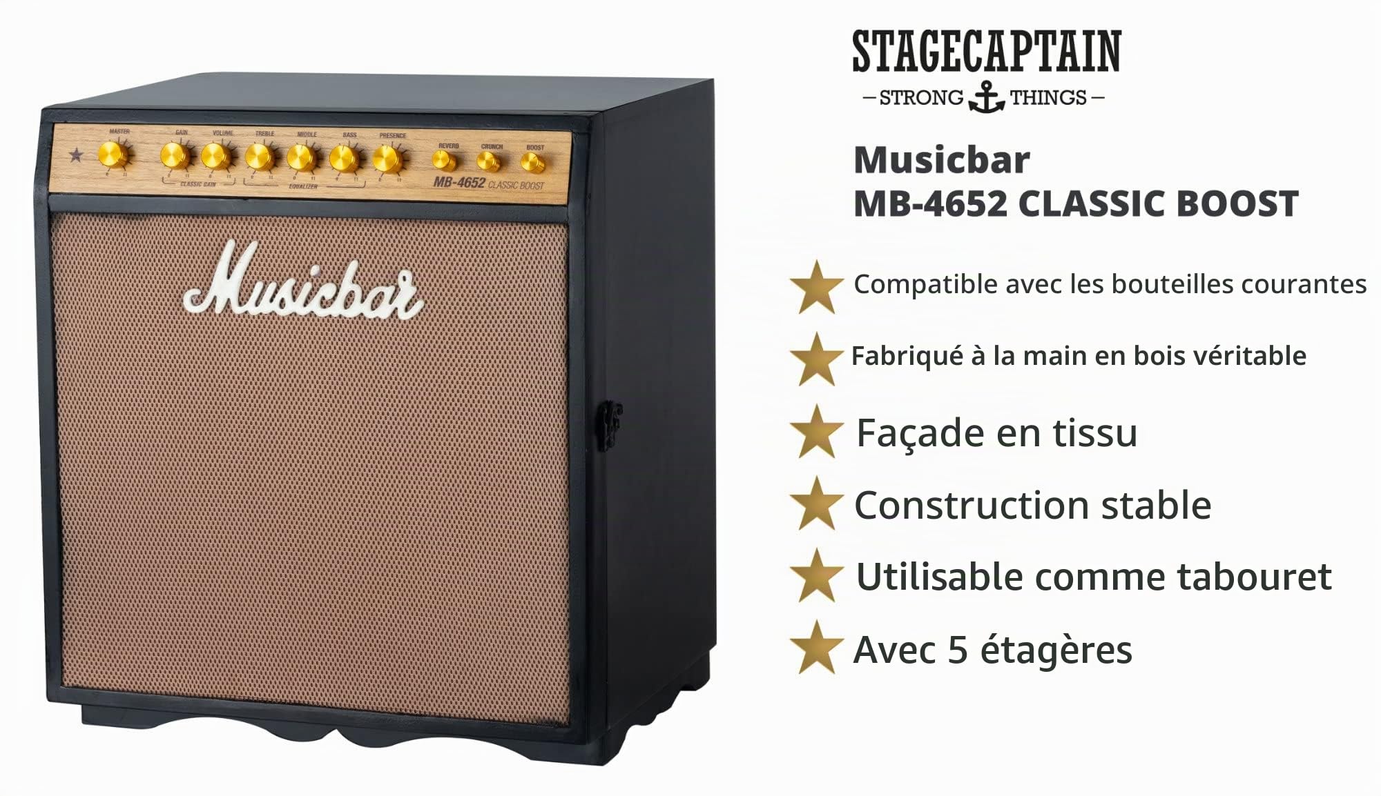 Stagecaptain Musicbar - Meuble Bois Design ampli Guitare - Étagères Amovibles - Casier vin Vintage ou étagère spiritueux - Table Chevet avec Rangement, ex. disques vinyles - Noir
