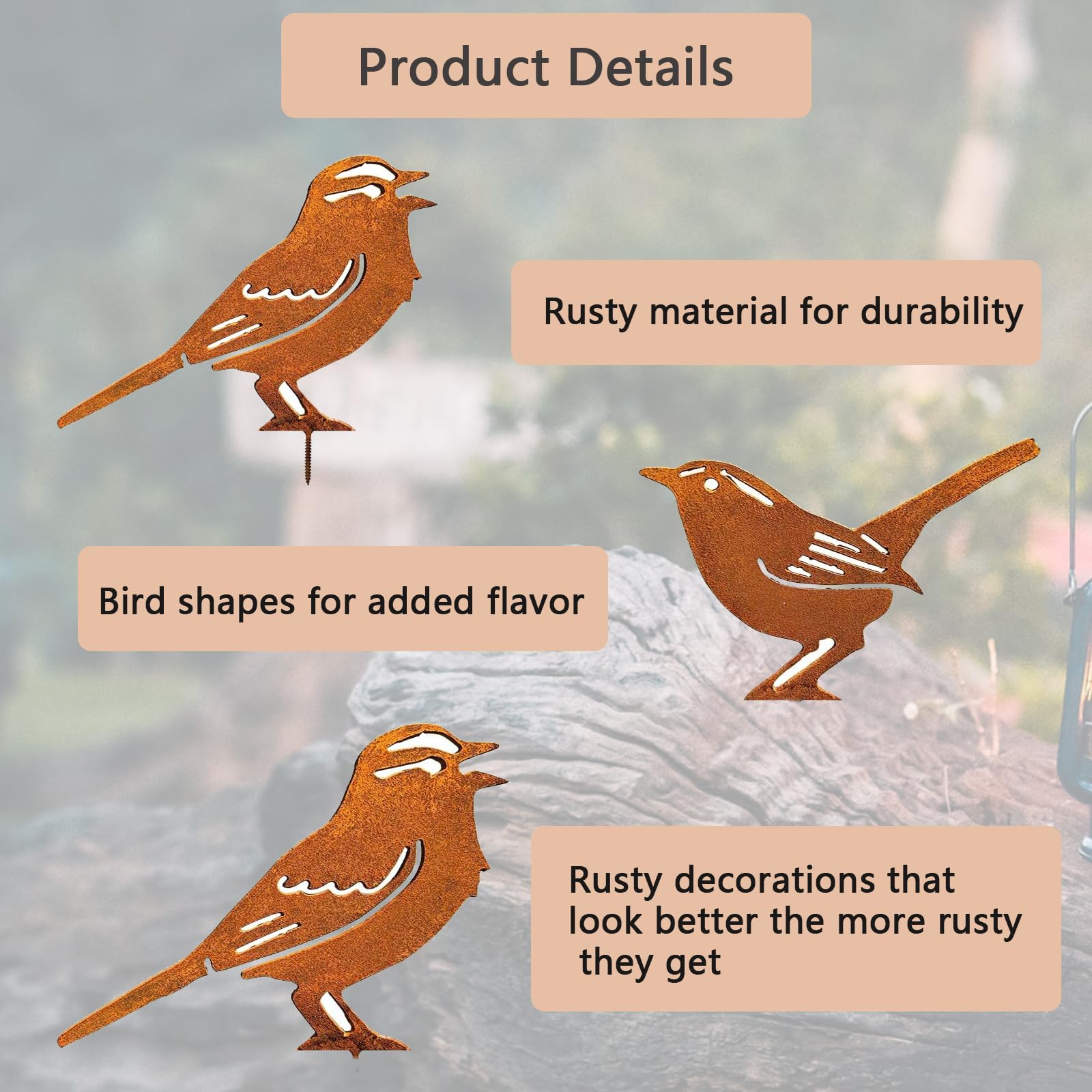 3 Pièces Oiseaux Rouillés Décoration Jardin - Déco Extérieur Métal - Oiseaux Sur Piquets Pour Jardin, Parc Et Balcon