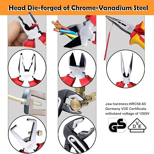 Miniatura 9 de WEDO Juego de 3 alicates aislados, VED 1000V Kit de alicates para electricista, alicates Lineman de 8 pulgadas, alicates de punta de aguja larga de