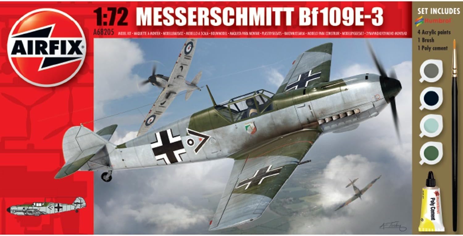 Airfix A68205M Messerschmitt BF109E-3 1:72 Military Aircraft Small Starter Plastic Model Gift Set