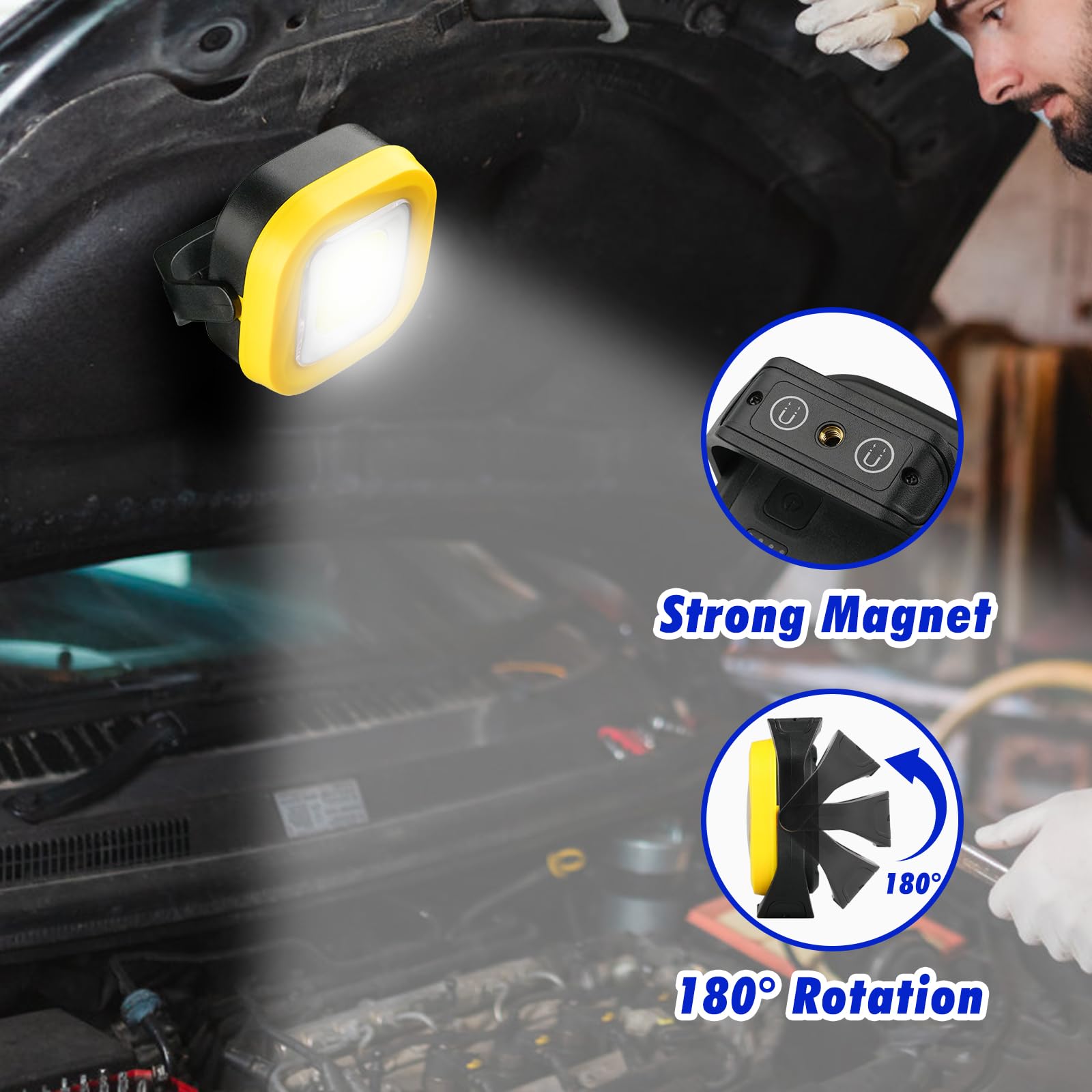 Foco LED Recargable, 1000LM Foco LED Bateria con Base Magnética, Soporte Ajustable 180°, 4 Modos Luz de Trabajo Portátil para Camping, Garaje, Emergencia (2 Piezas)