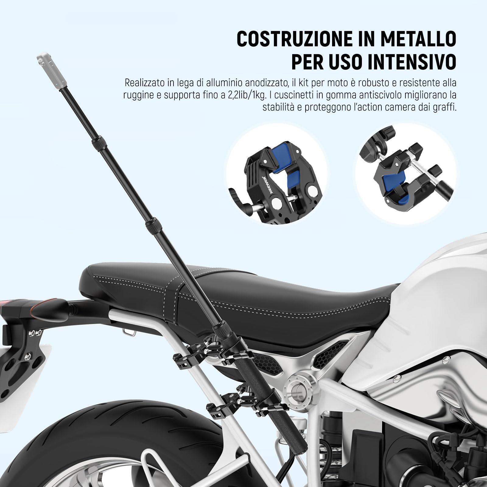 NEEWER Kit di Supporto Fotocamera da Moto, Asta Selfie Invisibile per Manubrio Bici, Teste Sfera 360°, Super Clamp e Panno Pulizia, Compatibile con GoPro Insta360 DJI AKASO Action Cam per Video, GP-30