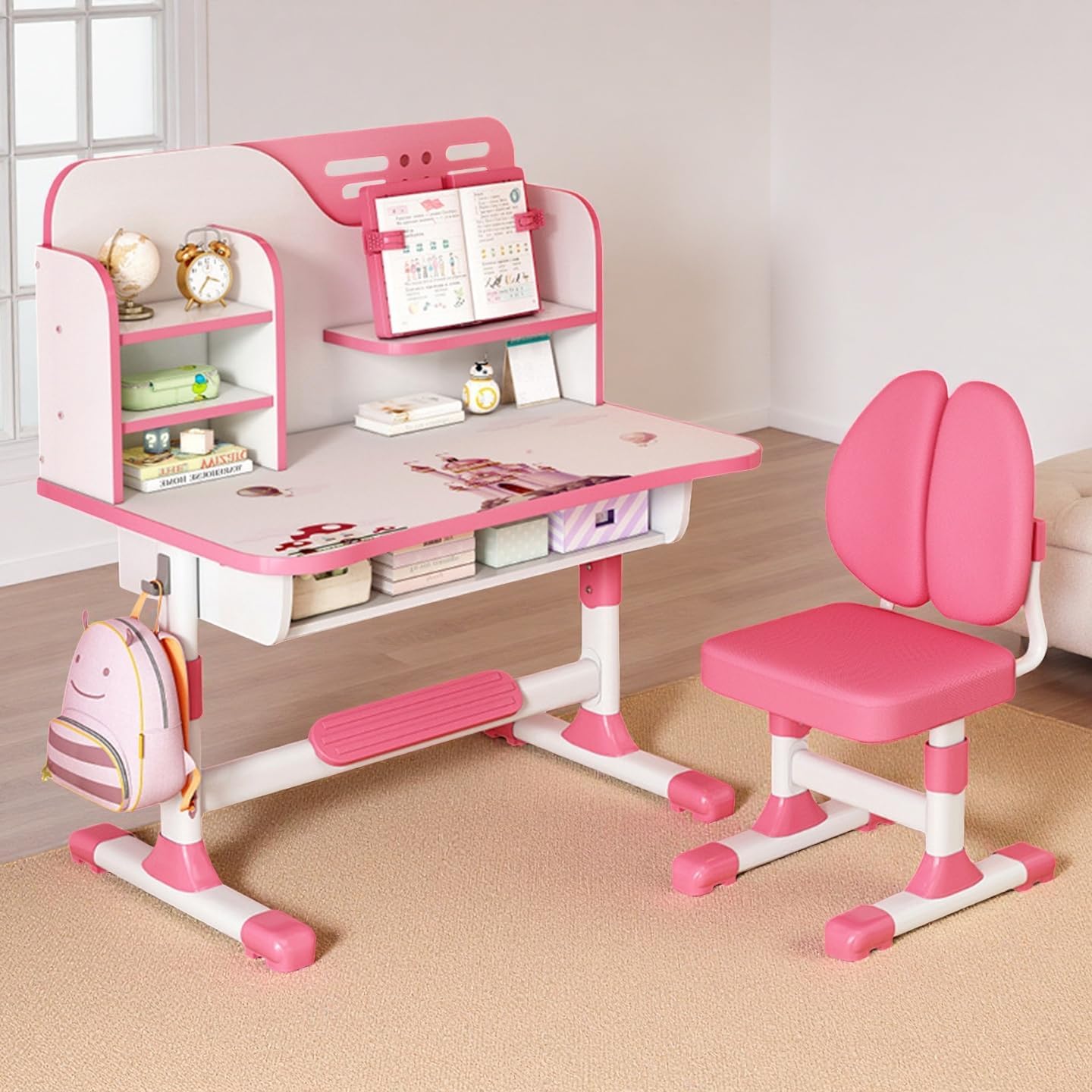 Upgraded Kids Desk and Chair Set, Adjustable Height Children Study Table with Drawer, Separated Storage, Pedal, Widened Desktop Student Writing Desk for Bedroom Reading