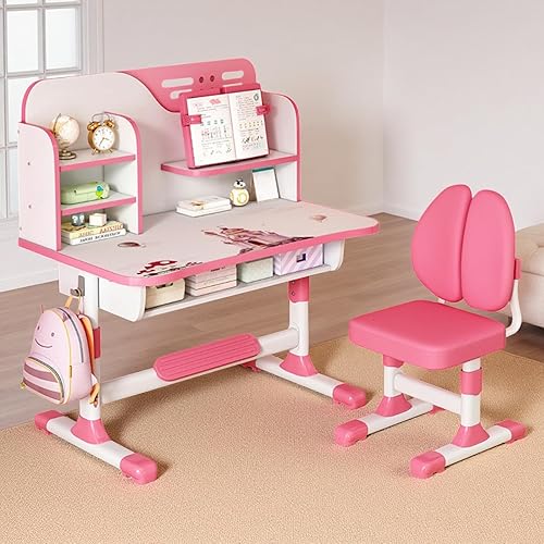 Juego de escritorio y silla para niños mejorado, mesa de estudio para niños de altura ajustable con cajón, almacenamiento separado, pedal,