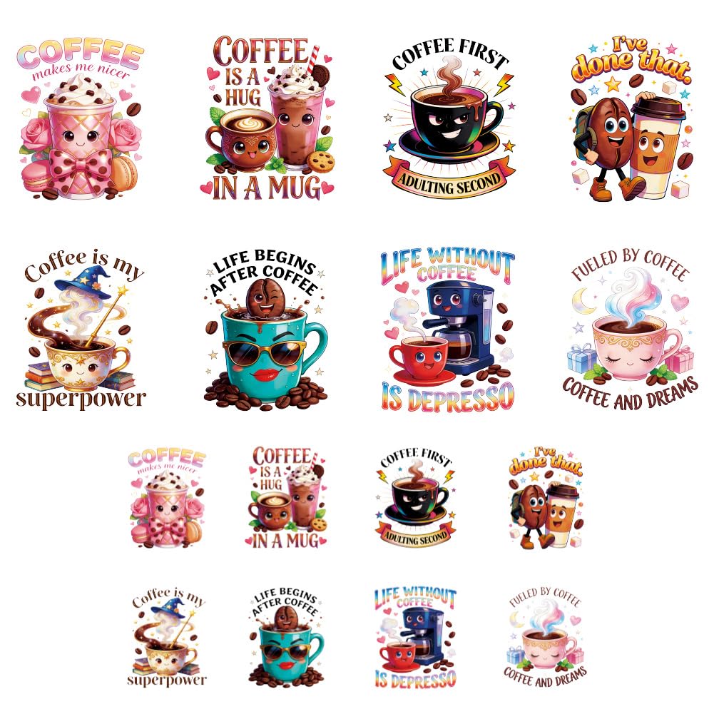 ANATTASOUL 16Pcs Funny Coffee Iron on Transfers for T-Shirts DIY Craft