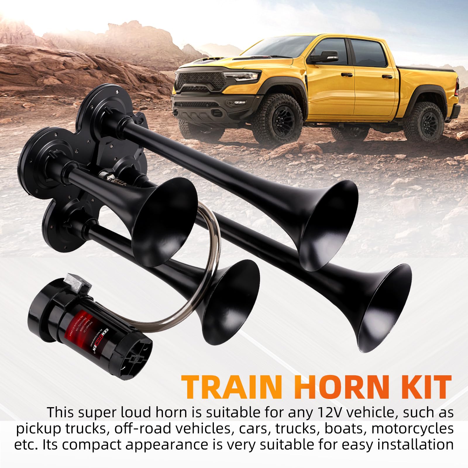 Train horn kit, .ultra loud dB. The Air horn with compressor is suitable for pickup/motorhome/SUV/truck/train 12V 150db and other vehicles (4 speakers)