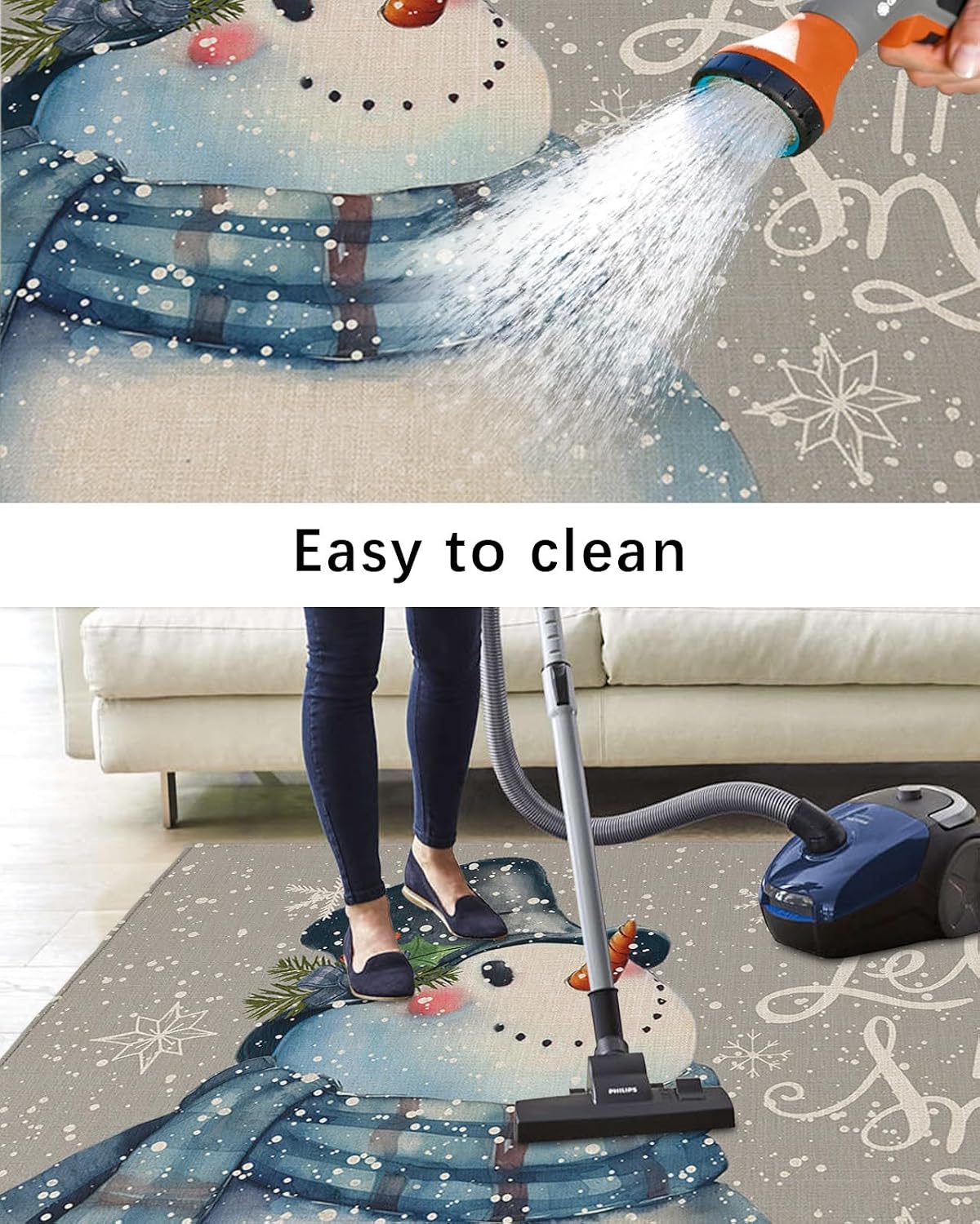 Outdoor Rug, Christmas Snowman Snowflake Scarf Holly Pine Needle Winter Grey Absorbant Non-Slip Area Rugs Mat Carpet for Patio Balcony Porch Backyard Deck Rv Camping 4x6 ft