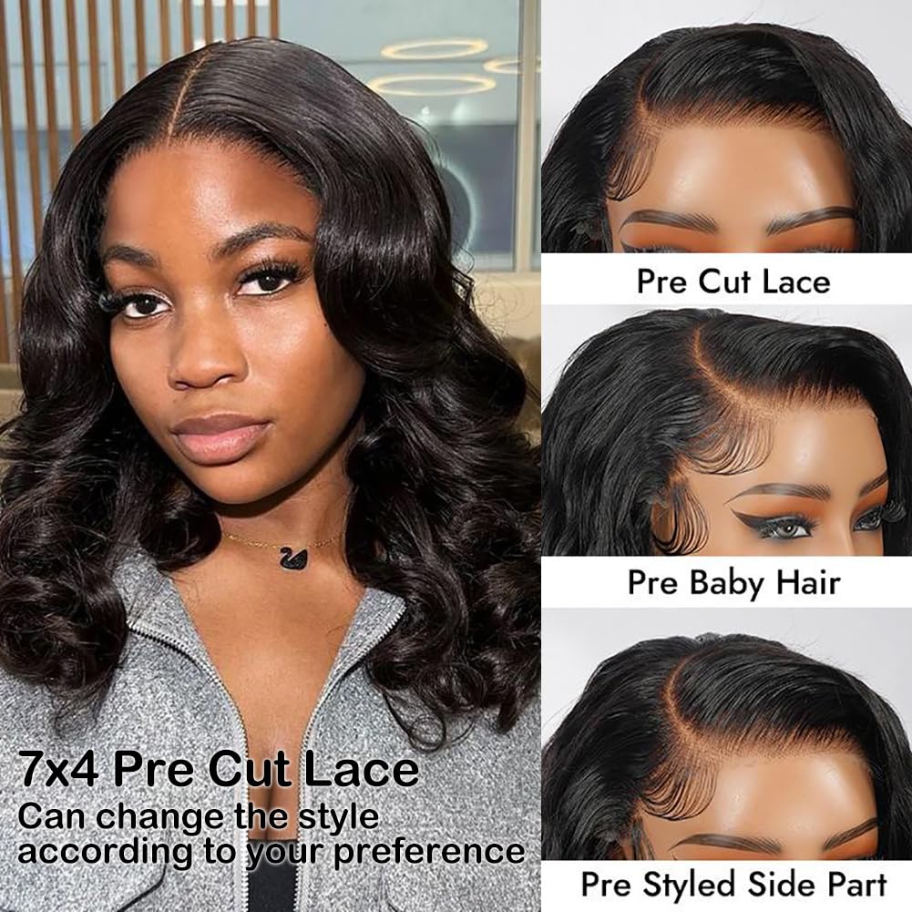 SUPERNOVA Put On And Go Body Wave Short Bob Wig Human Hair 7x4 Lace Front Glueless Wigs Human Hair Pre Plucked Pre Cut Glueless Wear And Go Loose Body Wavy Bob Wig For Black Women 200 Density 14inch