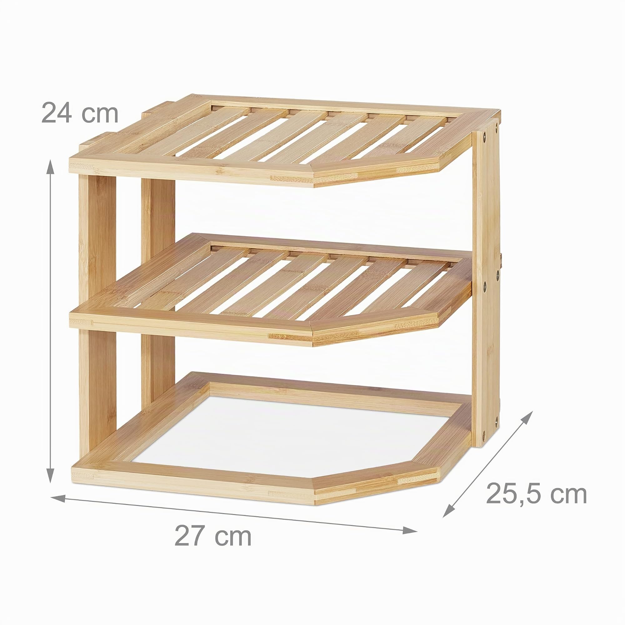 Relaxdays Organizer Angolare in bambù, Scaffale su 3 Livelli, per Cucina, Bagno, Scrivania, HLP: 24x27x25,5 cm, Naturale