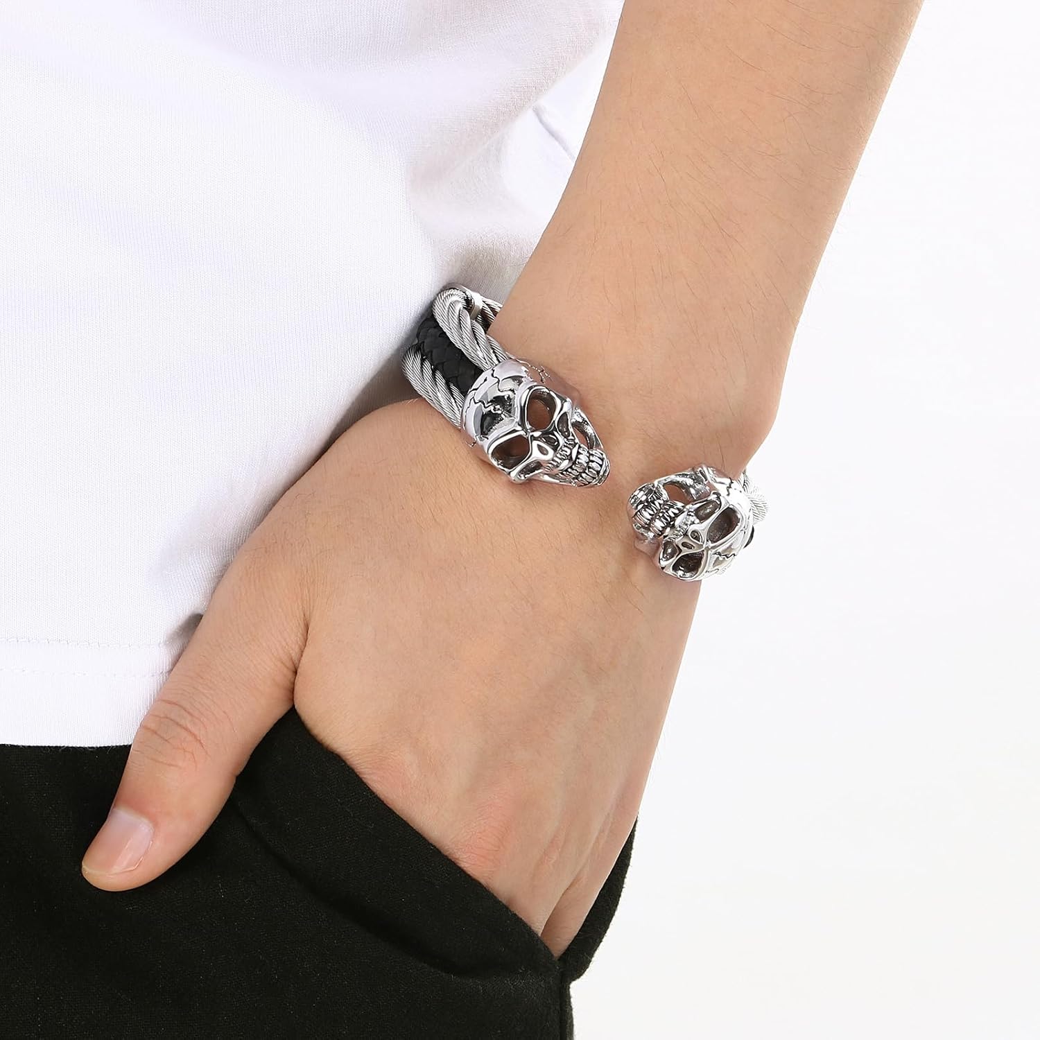 Men's Gothic Skull Bracelet Stainless Steel Cable and Leather Punk Silver Black Bangle, Open Cuff Design for Biker Rocker Gothic Jewelry - Image 4