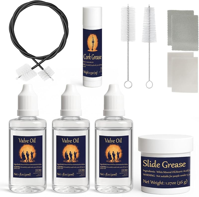 Trumpet Cleaning Kit, Clean and Care Horn, Trumpet Valve Oil Kit | with Valve Oil, Slide Grease, Cork Grease, Cleaning Cloth, Mouthpiece/Valve/Bore Brushes, Polishing Cloth