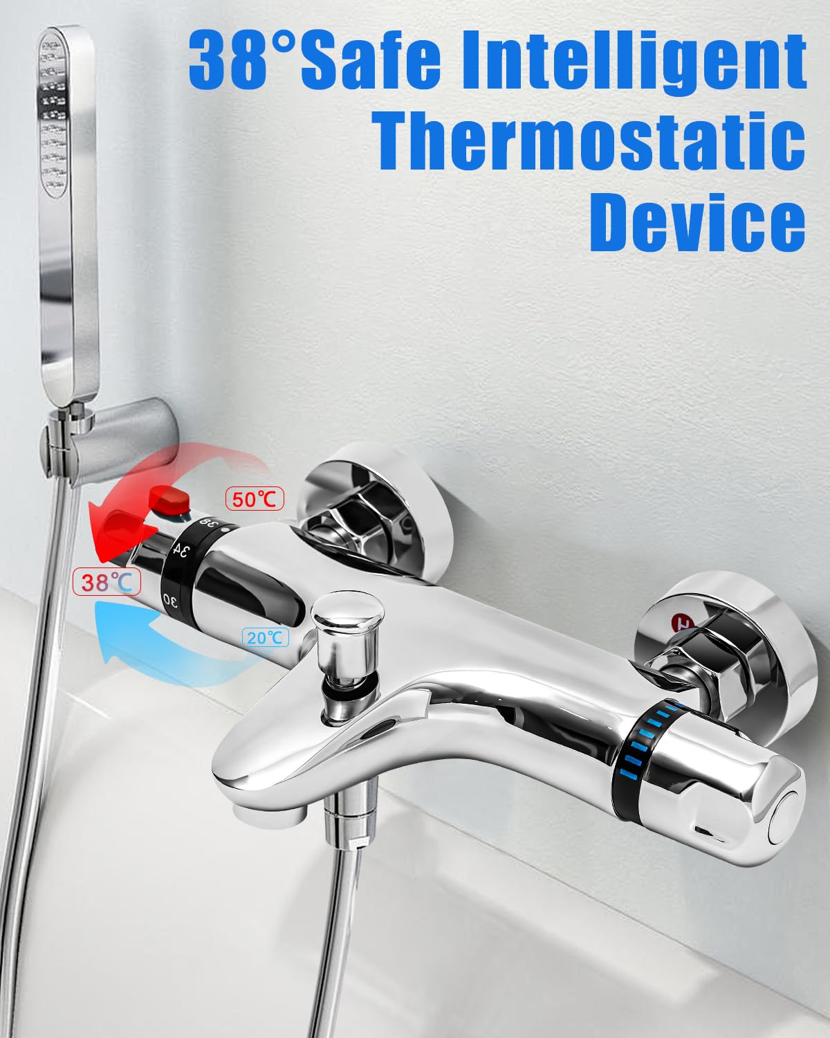 Mitigeur Douche Thermostatique, Mitigeur Baignoire Thermostatique, Mitigeur/Robinet Douche Thermostatique en Laiton avec Bouton de Sécurité à 38℃, Robinet Baignoire avec 2 Sorties d'eau, Chromé