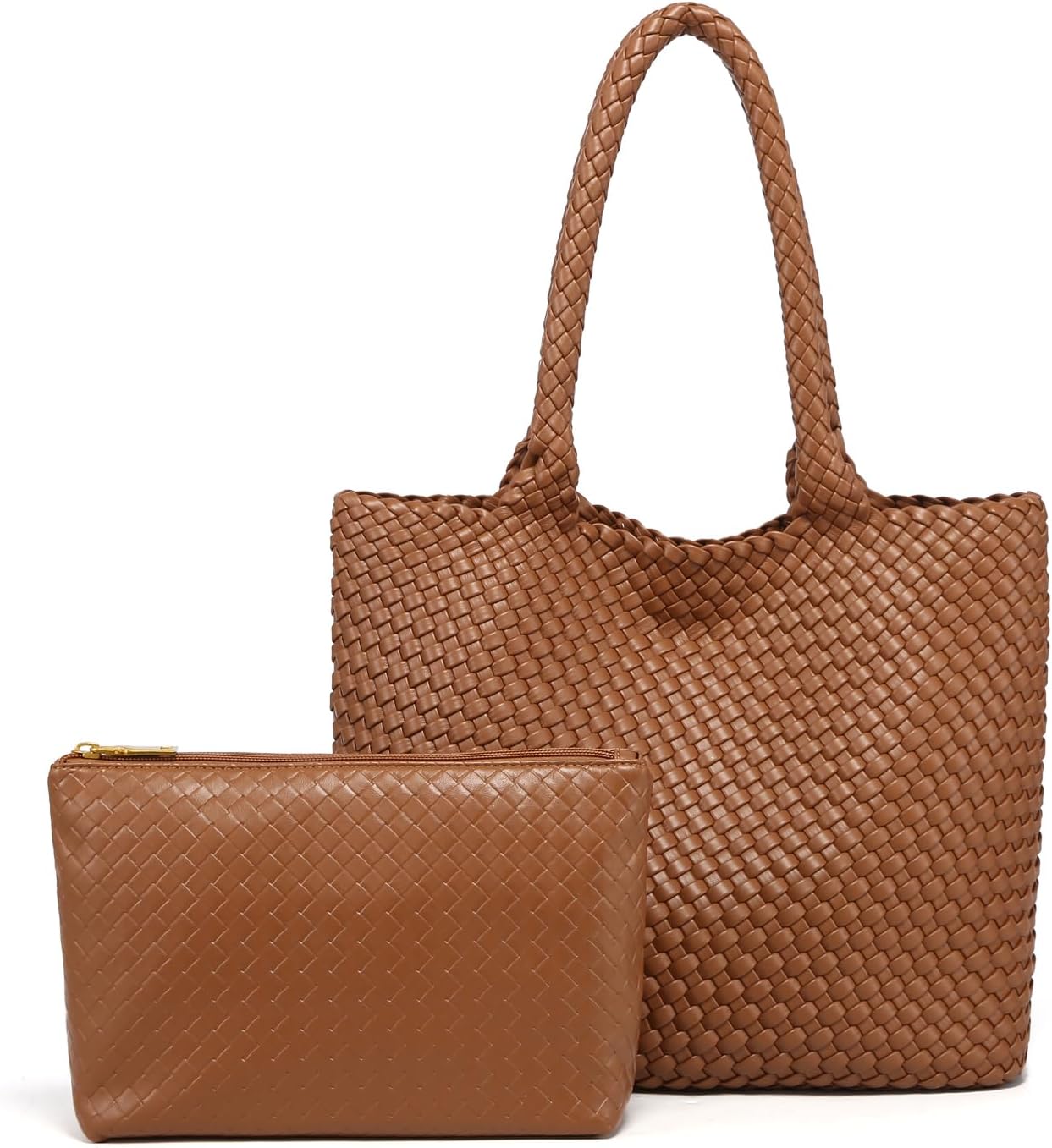 Woven tote bag vegan leather handbag for women shoulder bag with pouch fits 13-14 laptops.